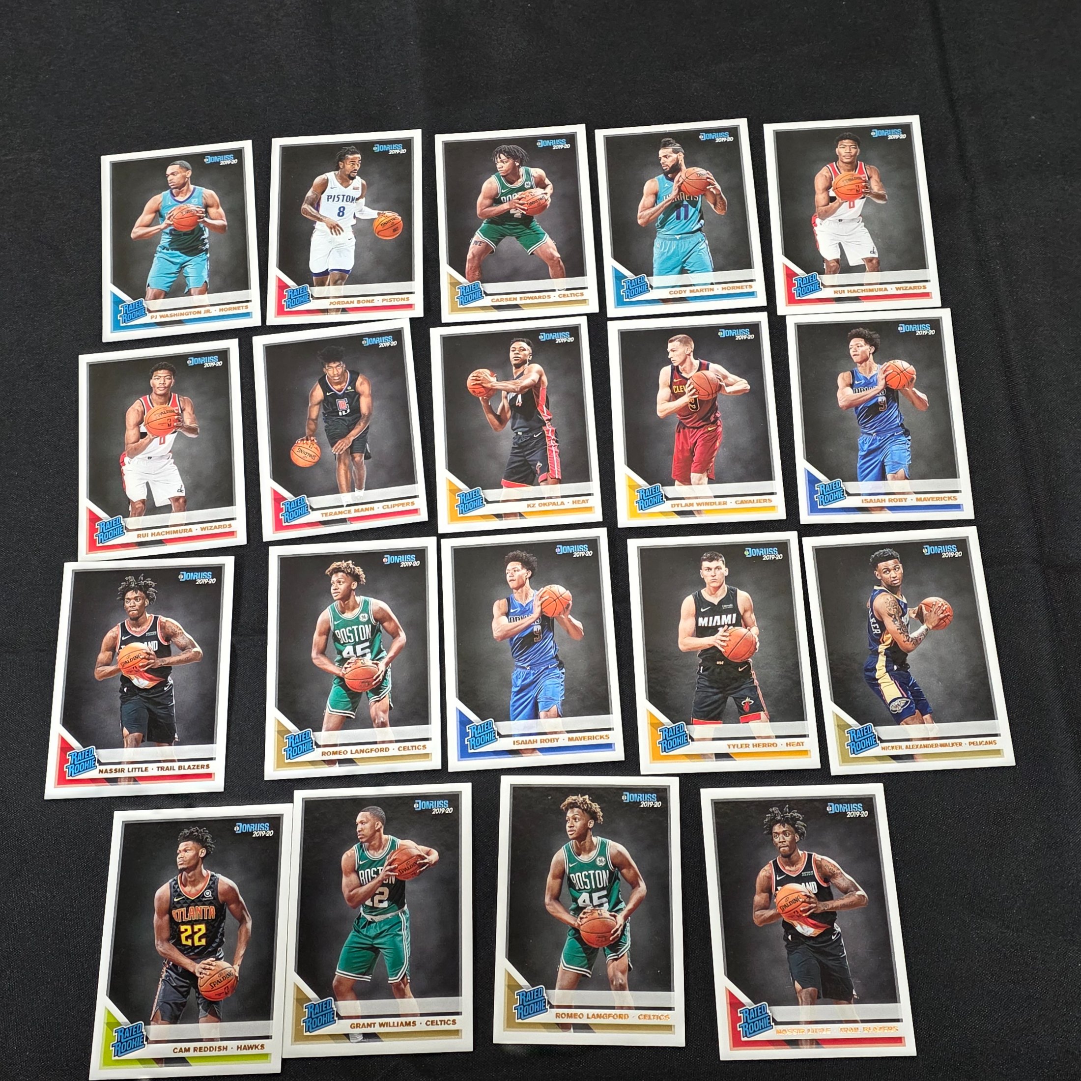 A collection of 2019-20 Donruss NBA basketball trading cards, predominantly featuring 'Rated Rookie' cards from the season. - View 4