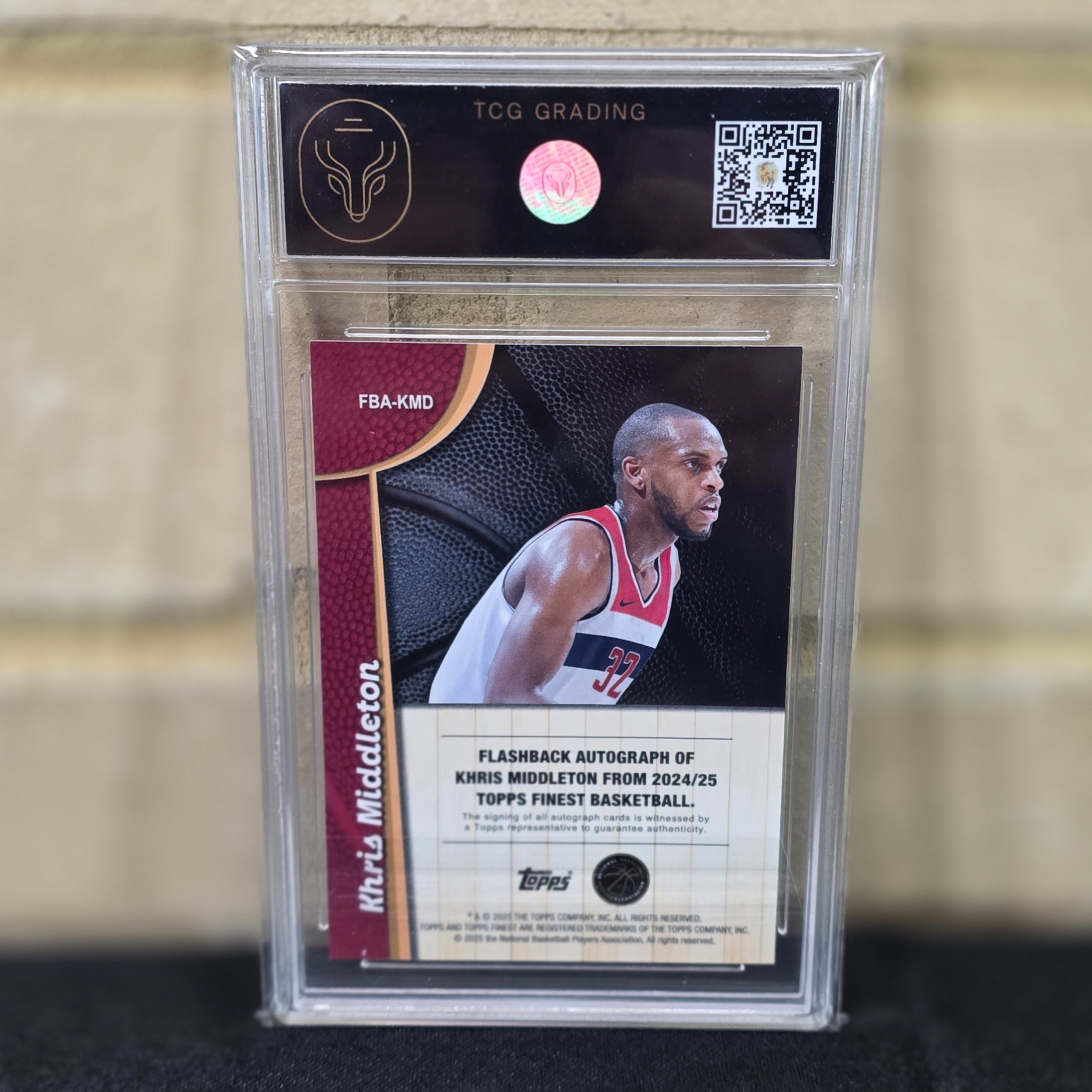 A graded 2025 Topps Finest Basketball trading card featuring an autographed Flashback insert of NBA player Khris Middleton, encapsulated by TCG Grading with a grade of 6.5 EX/NM+. - View 4