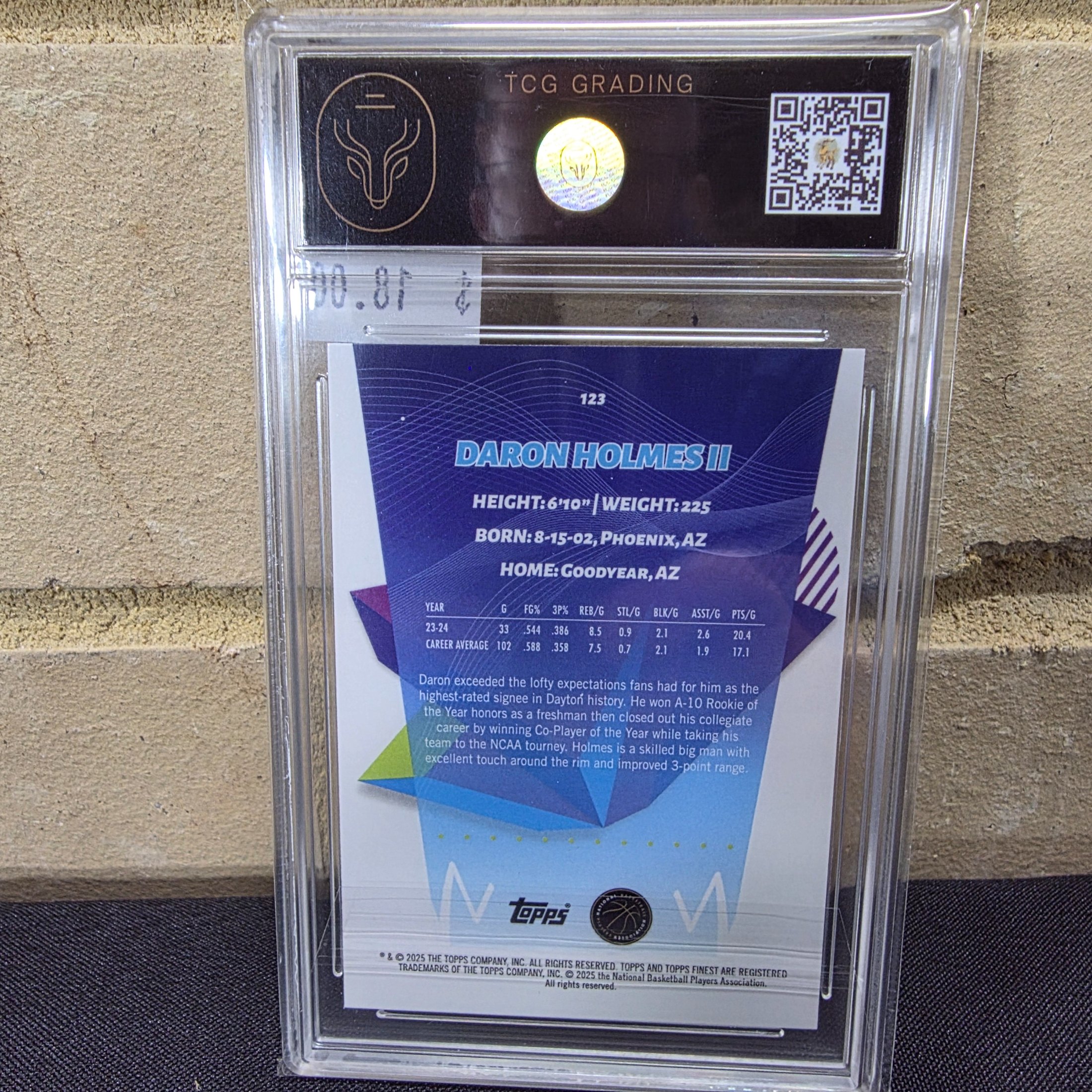 A 2025 Topps Finest NBA Daron Holmes II Blue parallel Rookie Card, graded NM-MT 8 by TCG Grading, individually numbered 33 out of 75. - View 3