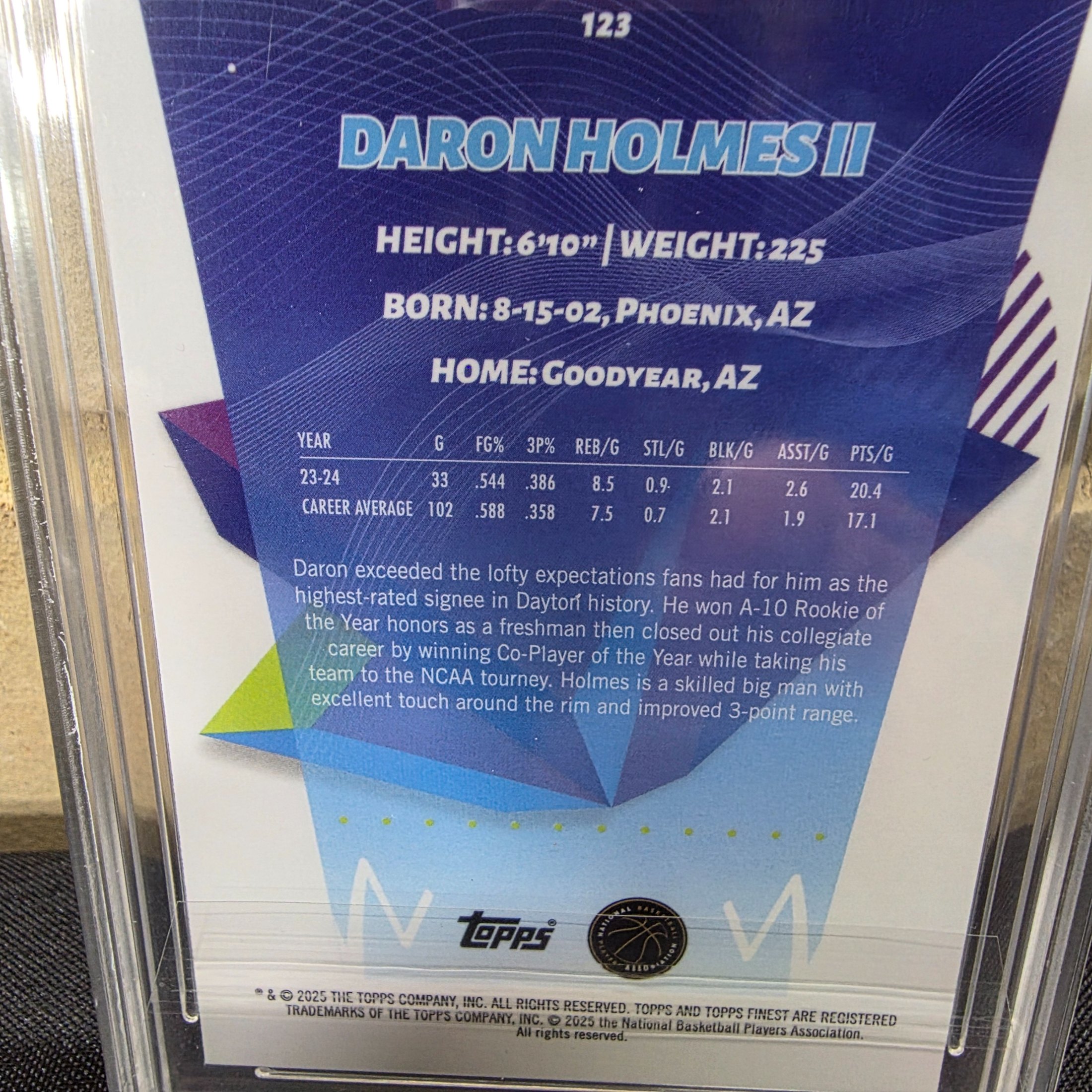 A 2025 Topps Finest NBA Daron Holmes II Blue parallel Rookie Card, graded NM-MT 8 by TCG Grading, individually numbered 33 out of 75. - View 4