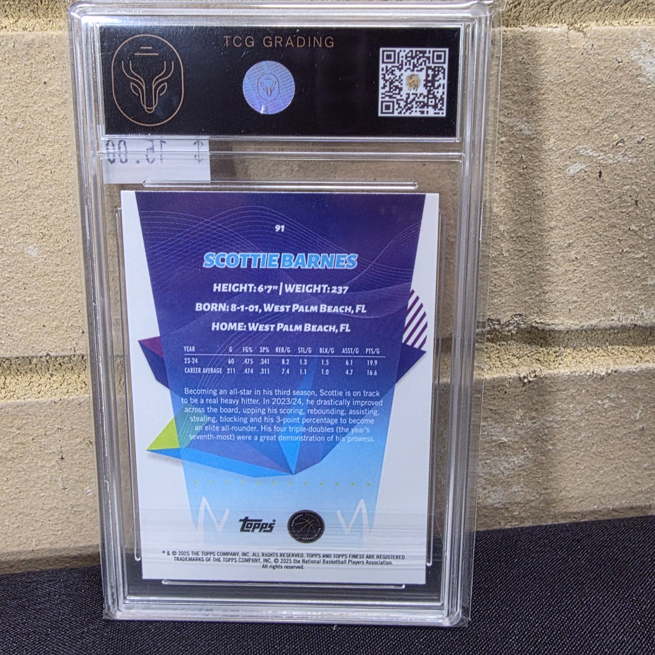 A graded 2025 Topps Finest NBA Scottie Barnes #911 Purple parallel basketball trading card, numbered 55/200, encapsulated in a TCG Grading slab with a grade of 7.5 NM-. - View 3