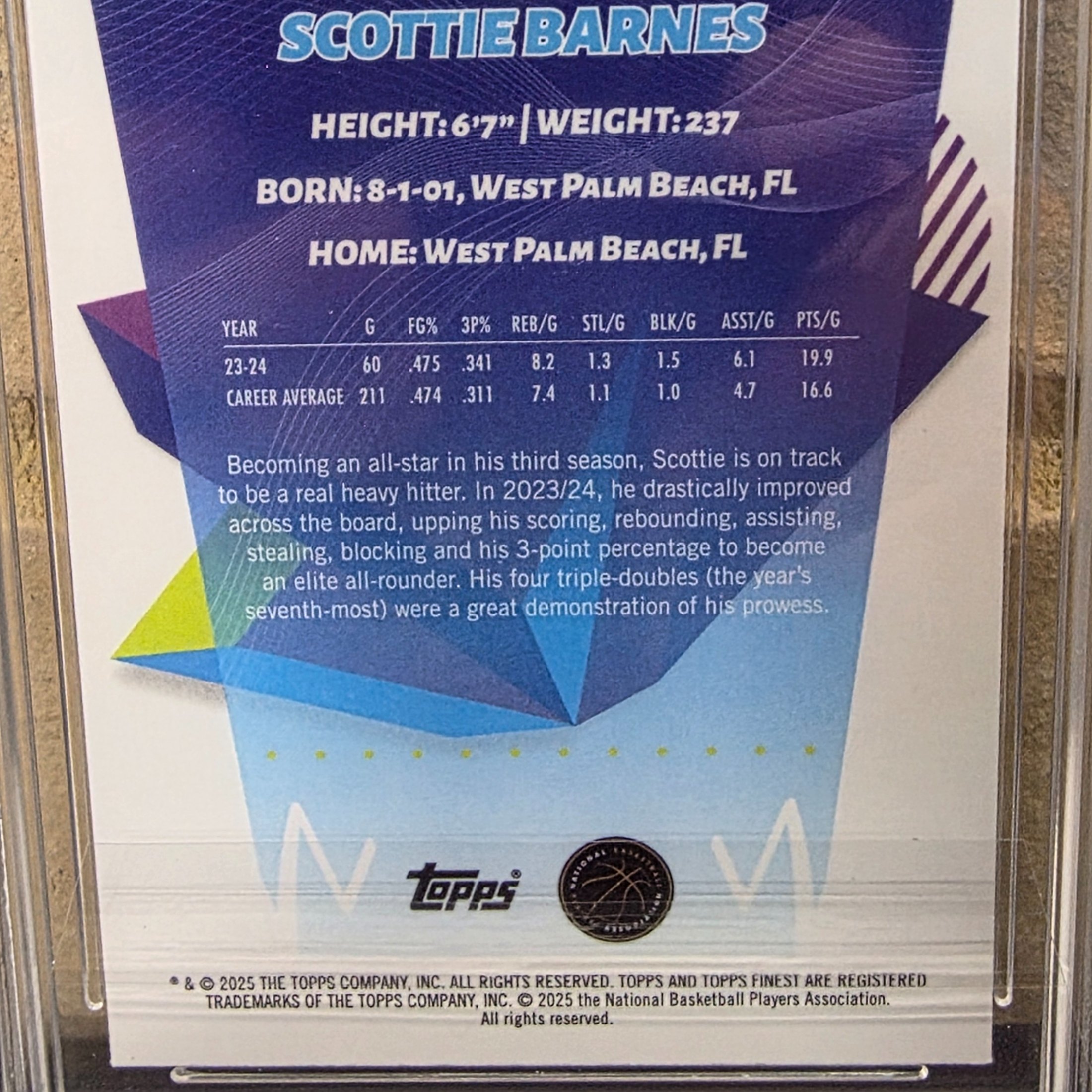 A graded 2025 Topps Finest NBA Scottie Barnes #911 Purple parallel basketball trading card, numbered 55/200, encapsulated in a TCG Grading slab with a grade of 7.5 NM-. - View 4