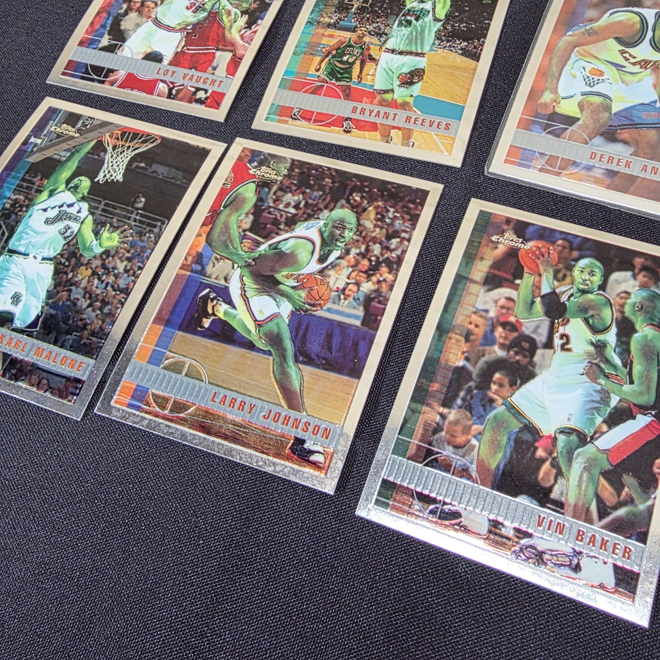 A lot of vintage Topps Chrome NBA basketball trading cards, likely from the late 1990s to early 2000s, featuring various prominent players. - View 5
