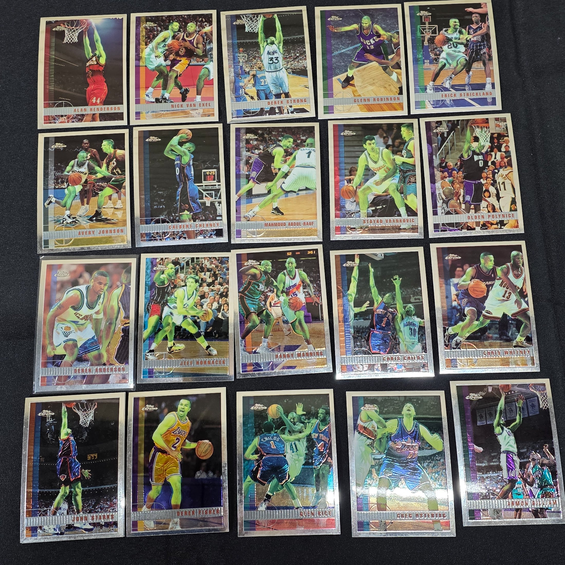 A lot of vintage Topps Chrome NBA basketball trading cards, likely from the late 1990s to early 2000s, featuring various prominent players. - View 7