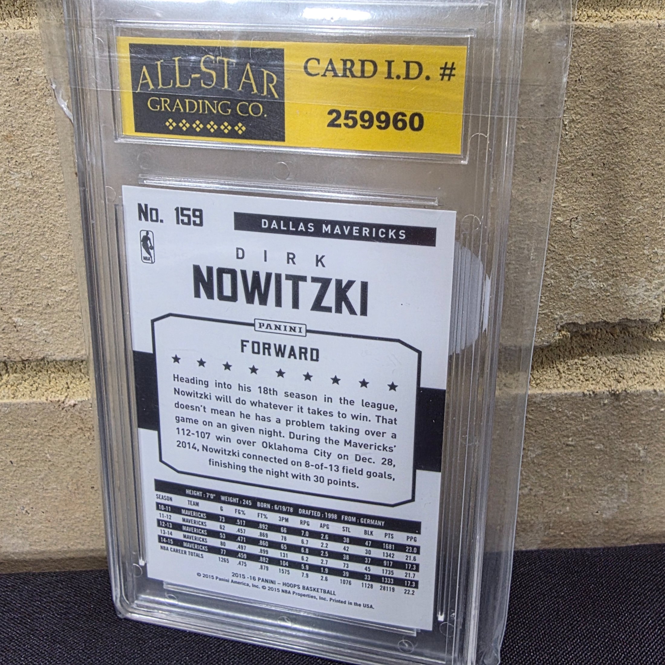 A graded NBA Hoops basketball trading card from the 2015-16 season featuring Dirk Nowitzki, encapsulated and graded 10 Mint or Higher by All-Star Grading Co. - View 2