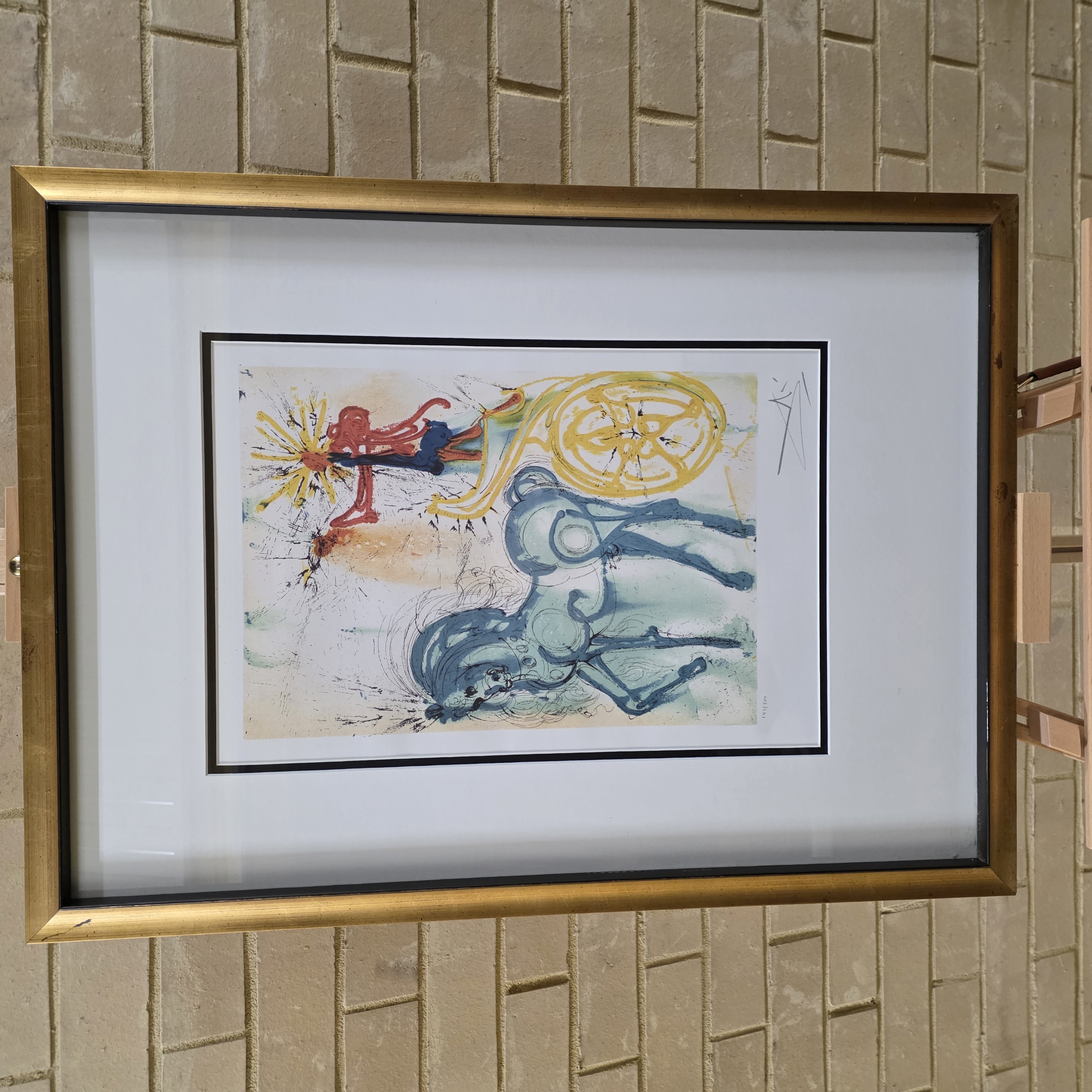 A striking limited edition lithograph by the iconic Surrealist master Salvador Dalí, titled 'Chariot of the Sun', featuring a vibrant depiction of a figure in a chariot pulled by a horse, numbered 147/300 and signed by the artist.