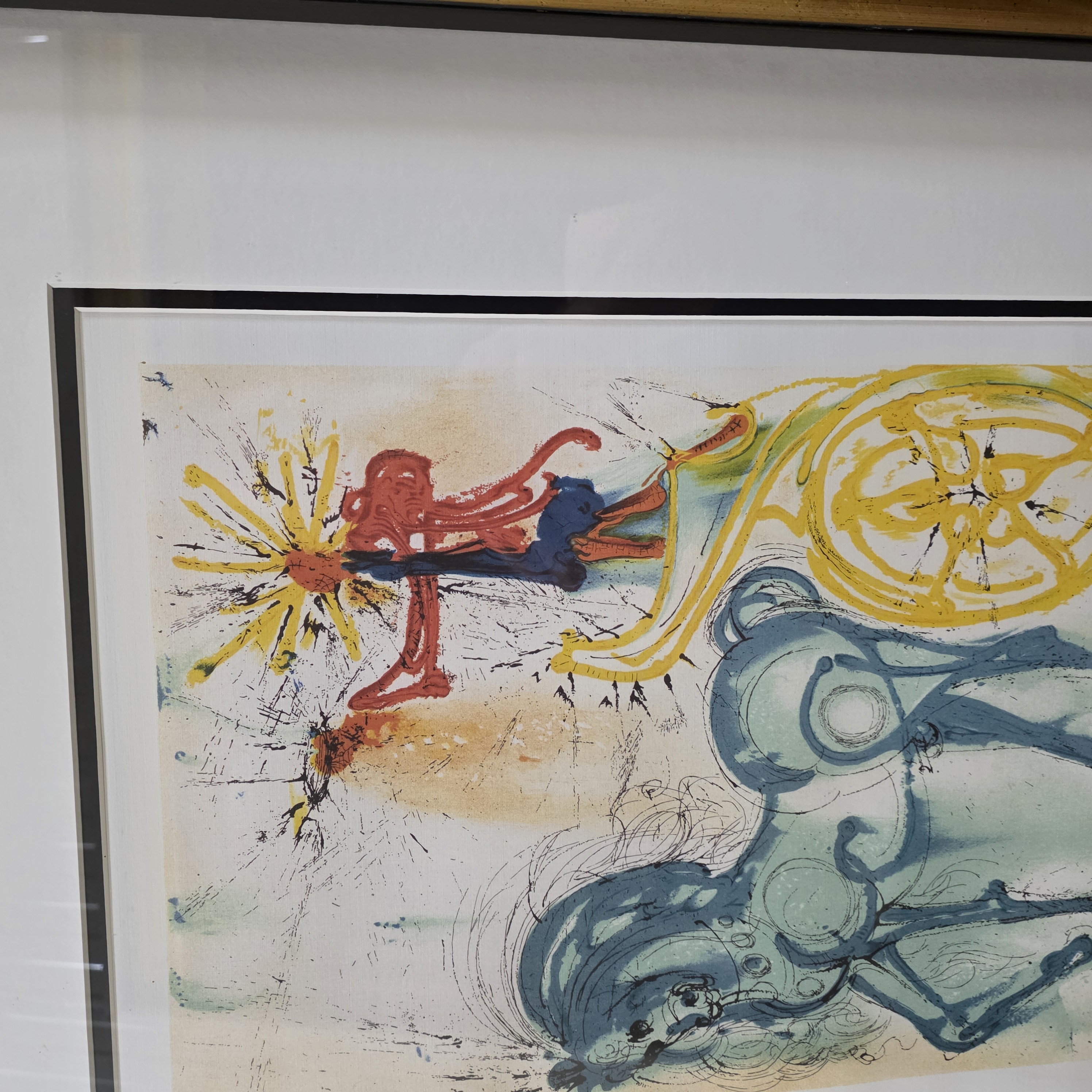 A striking limited edition lithograph by the iconic Surrealist master Salvador Dalí, titled 'Chariot of the Sun', featuring a vibrant depiction of a figure in a chariot pulled by a horse, numbered 147/300 and signed by the artist. - View 3