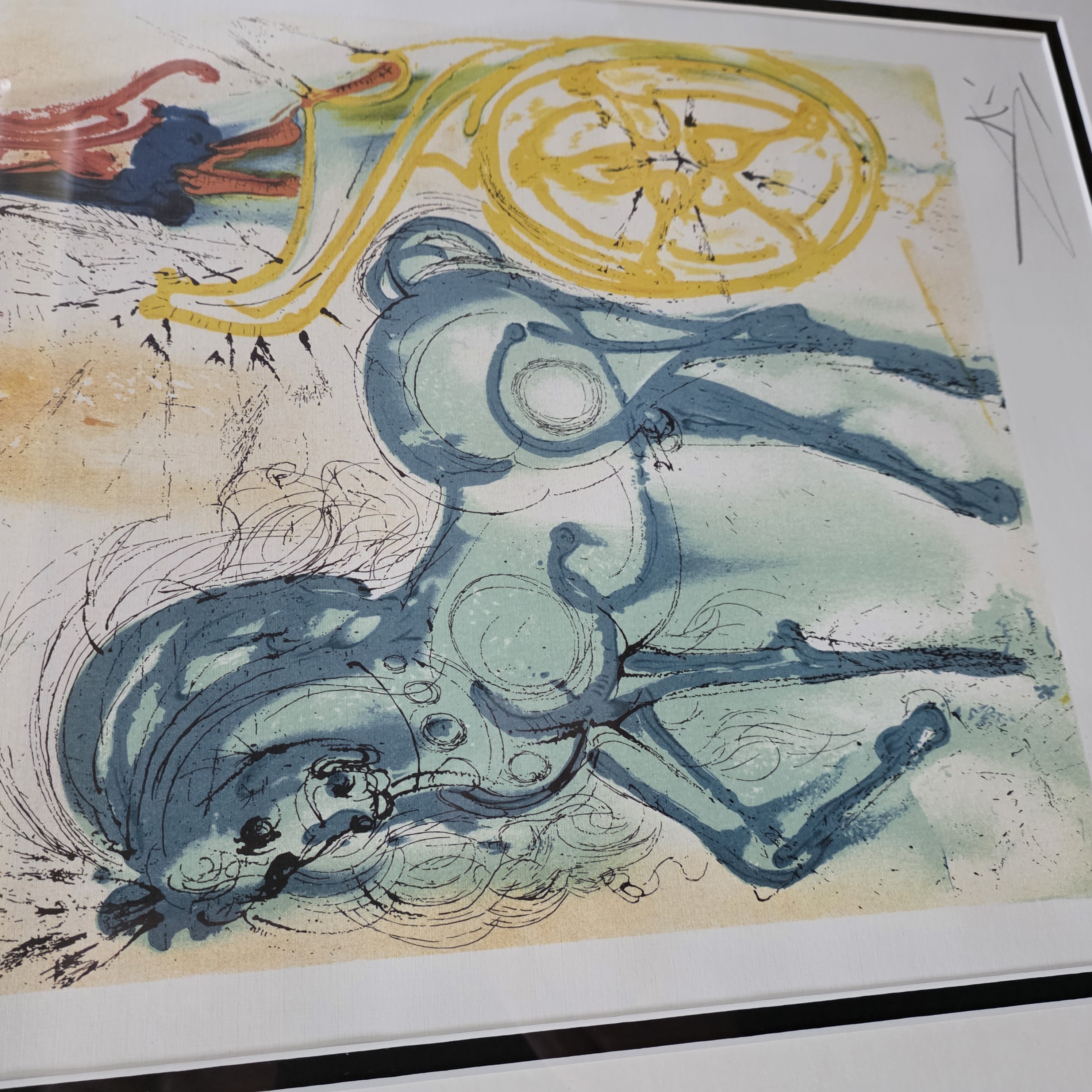A striking limited edition lithograph by the iconic Surrealist master Salvador Dalí, titled 'Chariot of the Sun', featuring a vibrant depiction of a figure in a chariot pulled by a horse, numbered 147/300 and signed by the artist. - View 4