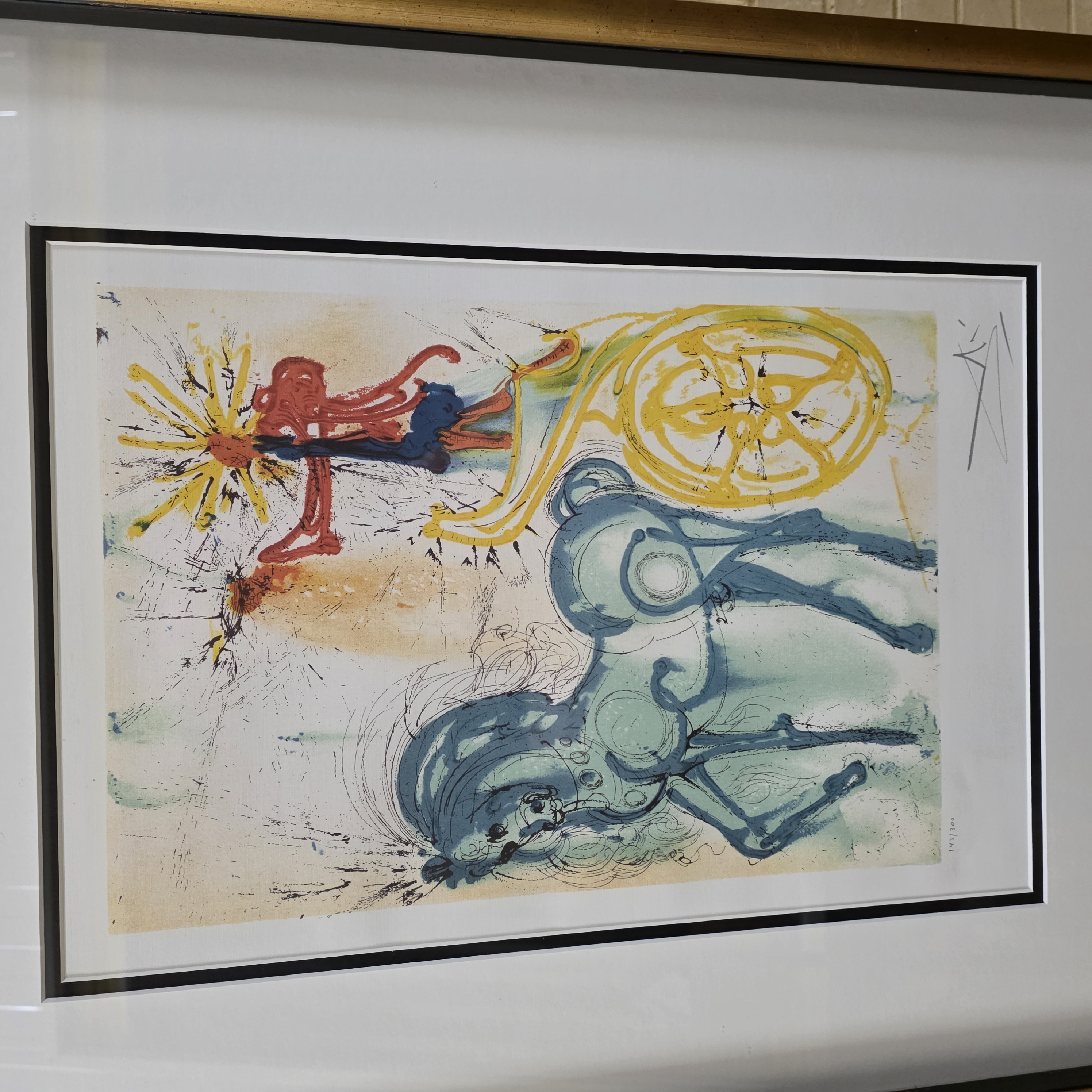 A striking limited edition lithograph by the iconic Surrealist master Salvador Dalí, titled 'Chariot of the Sun', featuring a vibrant depiction of a figure in a chariot pulled by a horse, numbered 147/300 and signed by the artist. - View 5