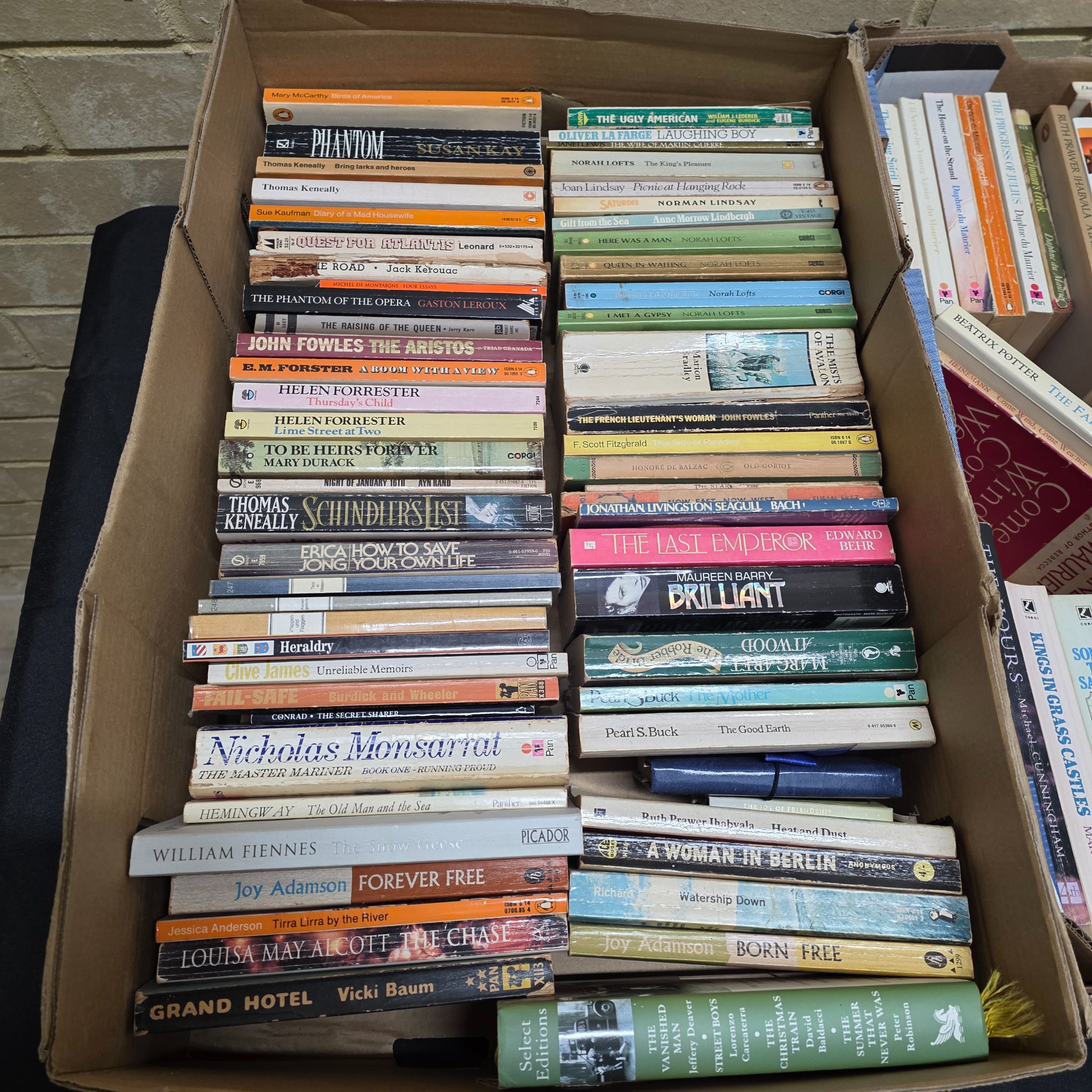 A large collection of assorted paperback and hardcover books, stacked in multiple cardboard boxes. - View 2