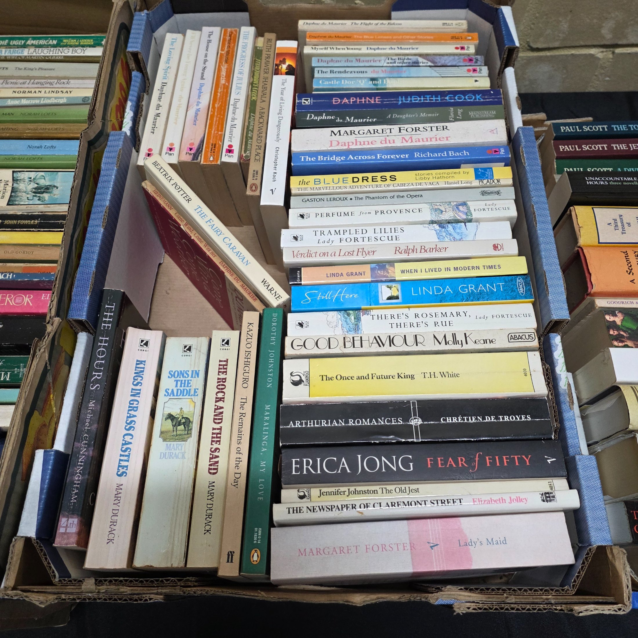 A large collection of assorted paperback and hardcover books, stacked in multiple cardboard boxes. - View 3