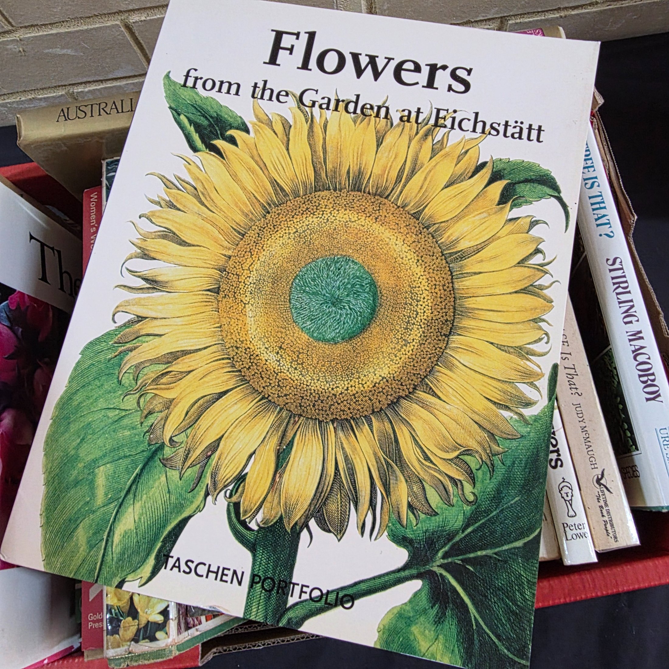 A box containing approximately 20-25 assorted gardening books, including titles on flowers, plant identification, and general horticultural practices. - View 3