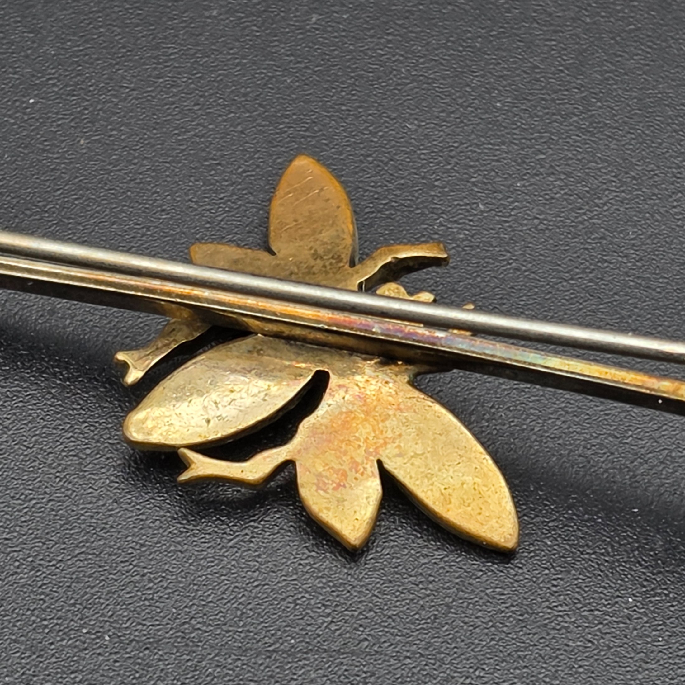 A collection of vintage personal accessories including a bee stick pin, a peacock brooch, a ceramic rose hat pin, and a cased magnifying glass in a red box. - View 3