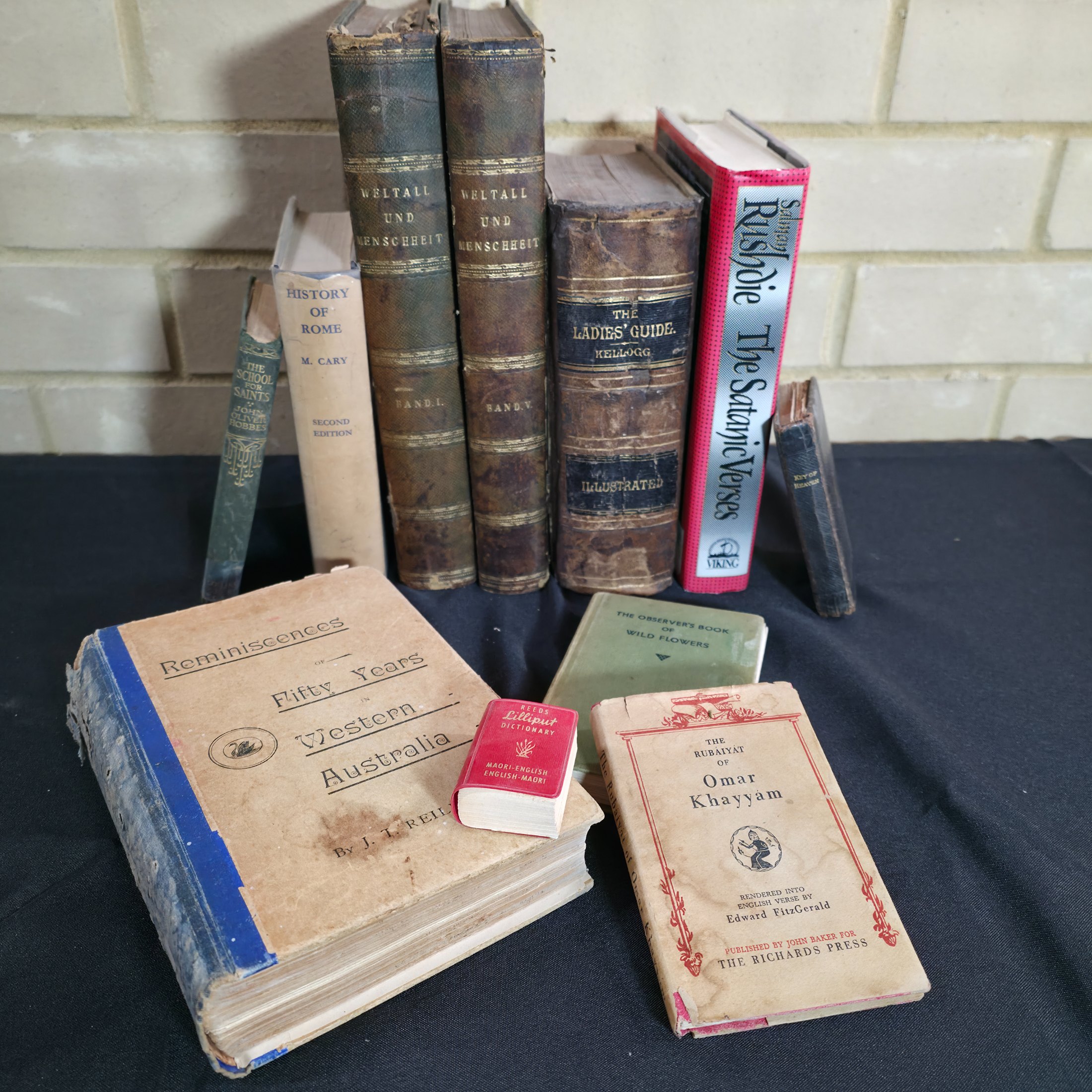 A diverse collection of approximately twelve vintage and antique books spanning various genres and eras, including history, literature, health, and natural history.
