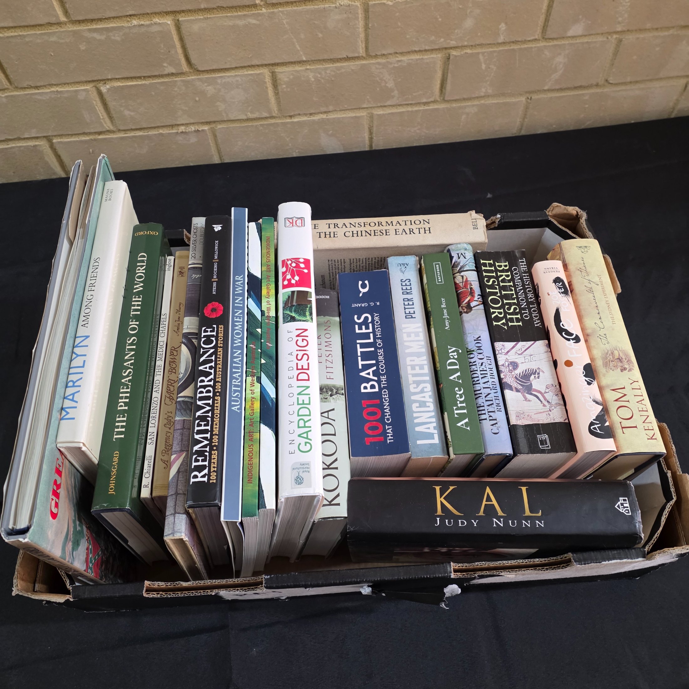 A cardboard box filled with approximately 20 assorted non-fiction books covering various topics such as history, art, and biography, showing general wear.