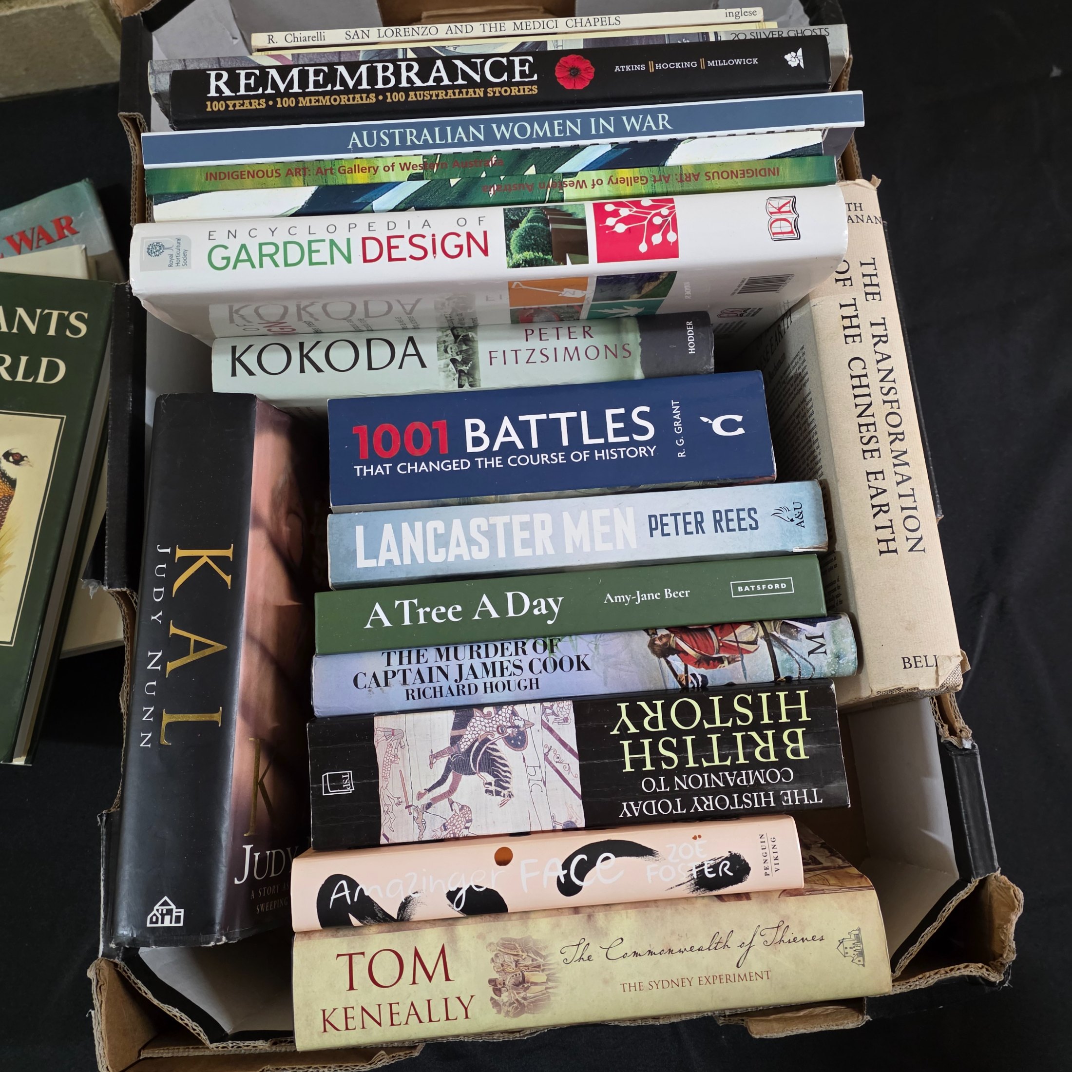 A cardboard box filled with approximately 20 assorted non-fiction books covering various topics such as history, art, and biography, showing general wear. - View 5