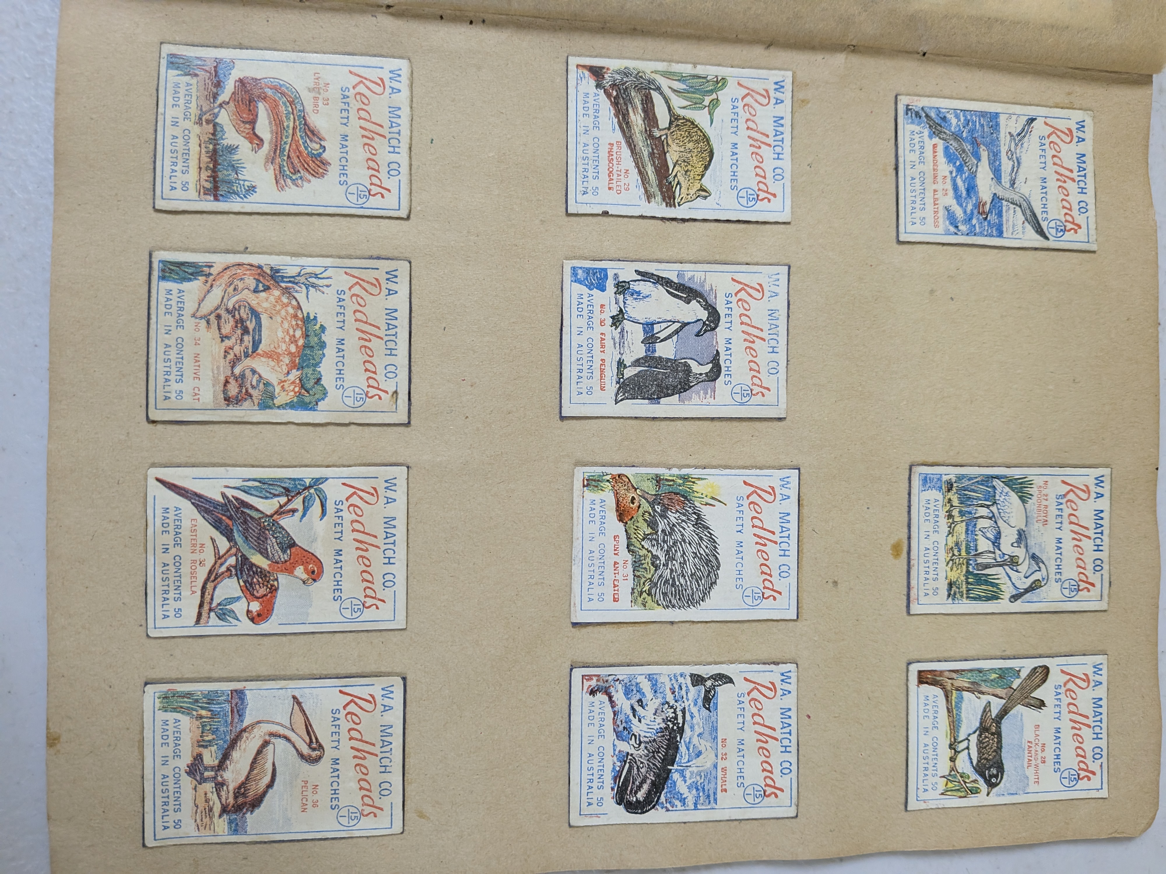 An album containing a collection of vintage Redheads Safety Matches labels, produced by W.A. Match Co. in Australia, showcasing various series including international flags and Australian fauna. - View 6