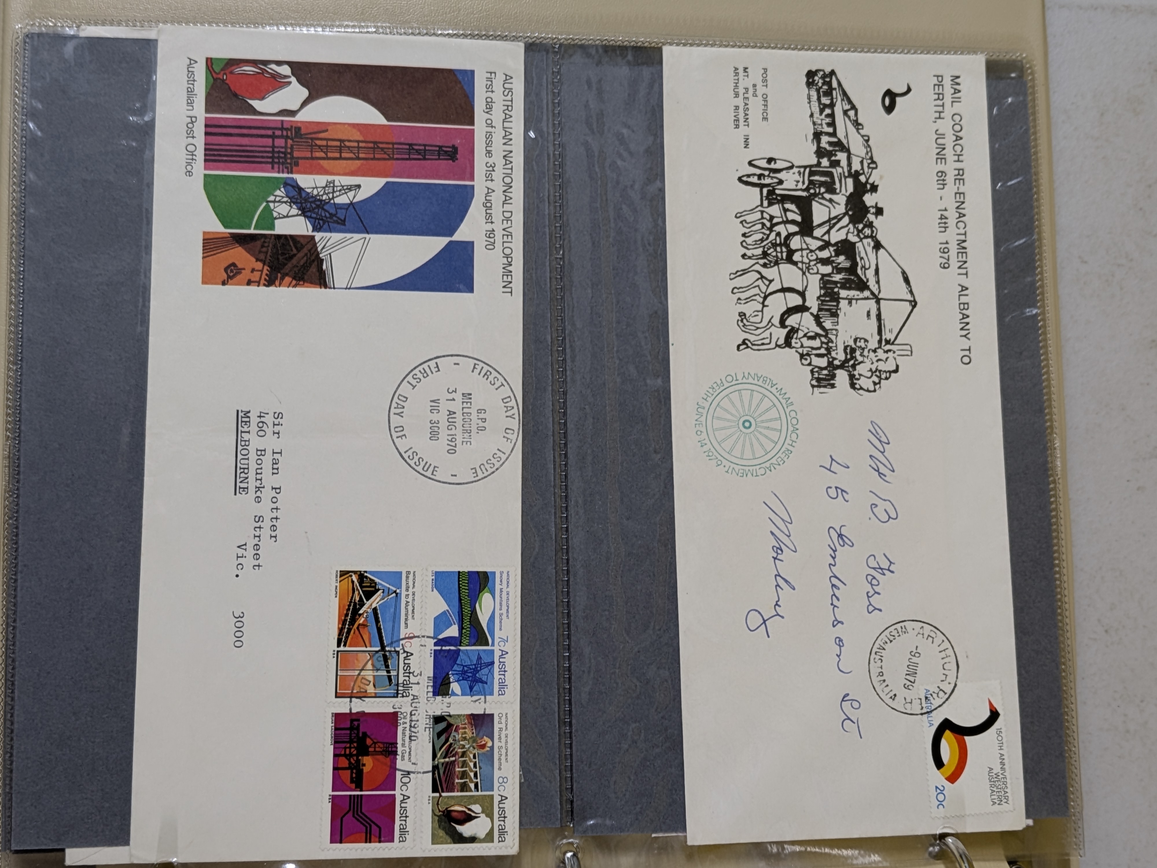 A dark brown, leatherette-bound album containing a collection of Australian First Day Covers, primarily from the mid to late 20th century. - View 5