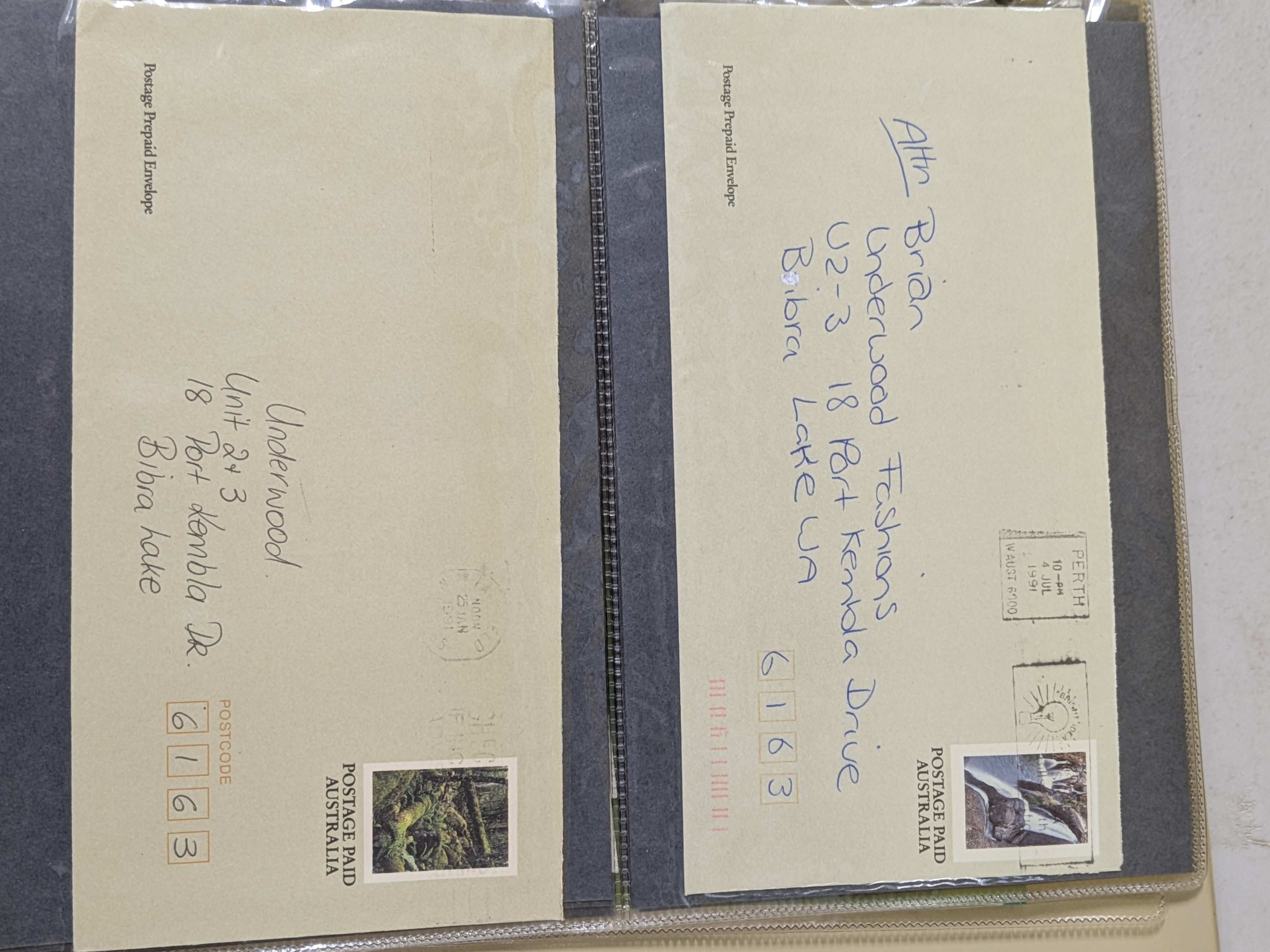 A dark brown, leatherette-bound album containing a collection of Australian First Day Covers, primarily from the mid to late 20th century. - View 8