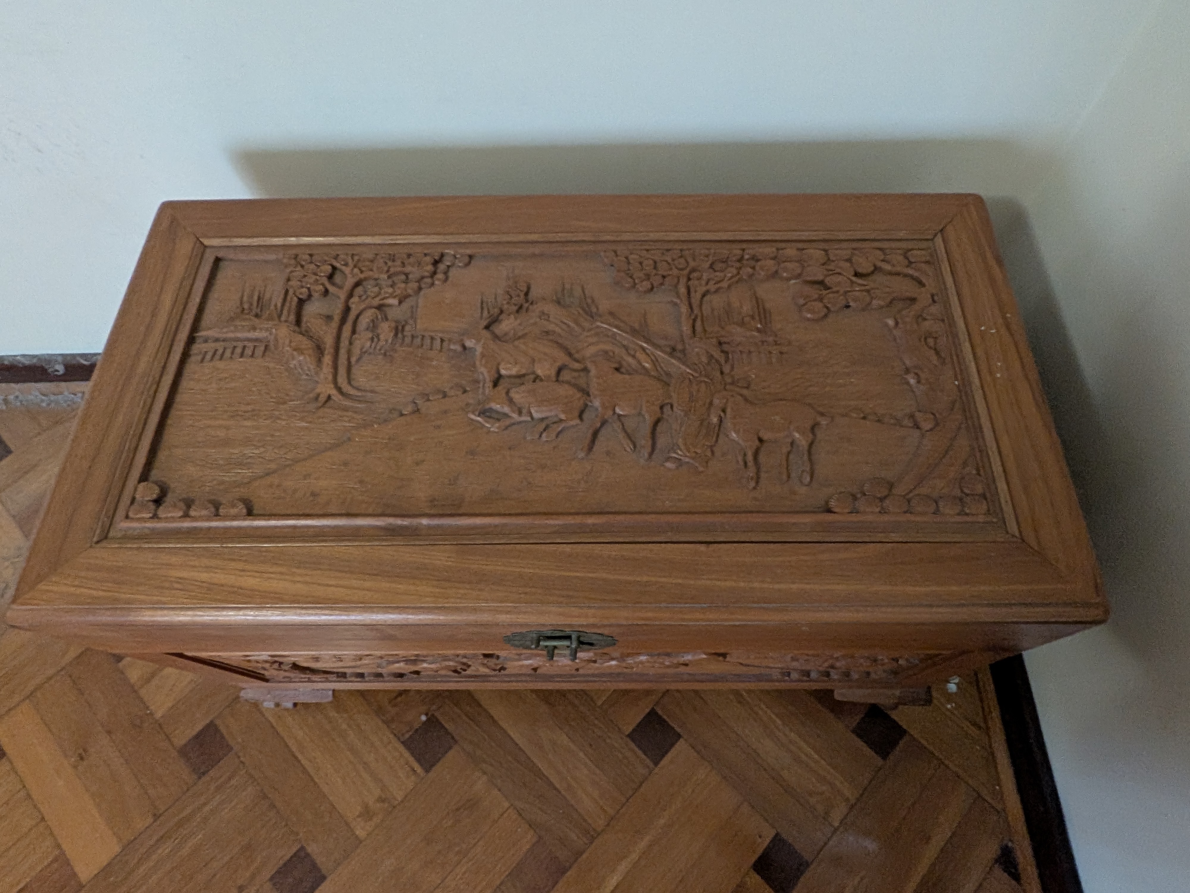A vintage carved camphor wood chest, exhibiting traditional Chinese export artistry with its detailed relief carvings and robust construction. - View 2