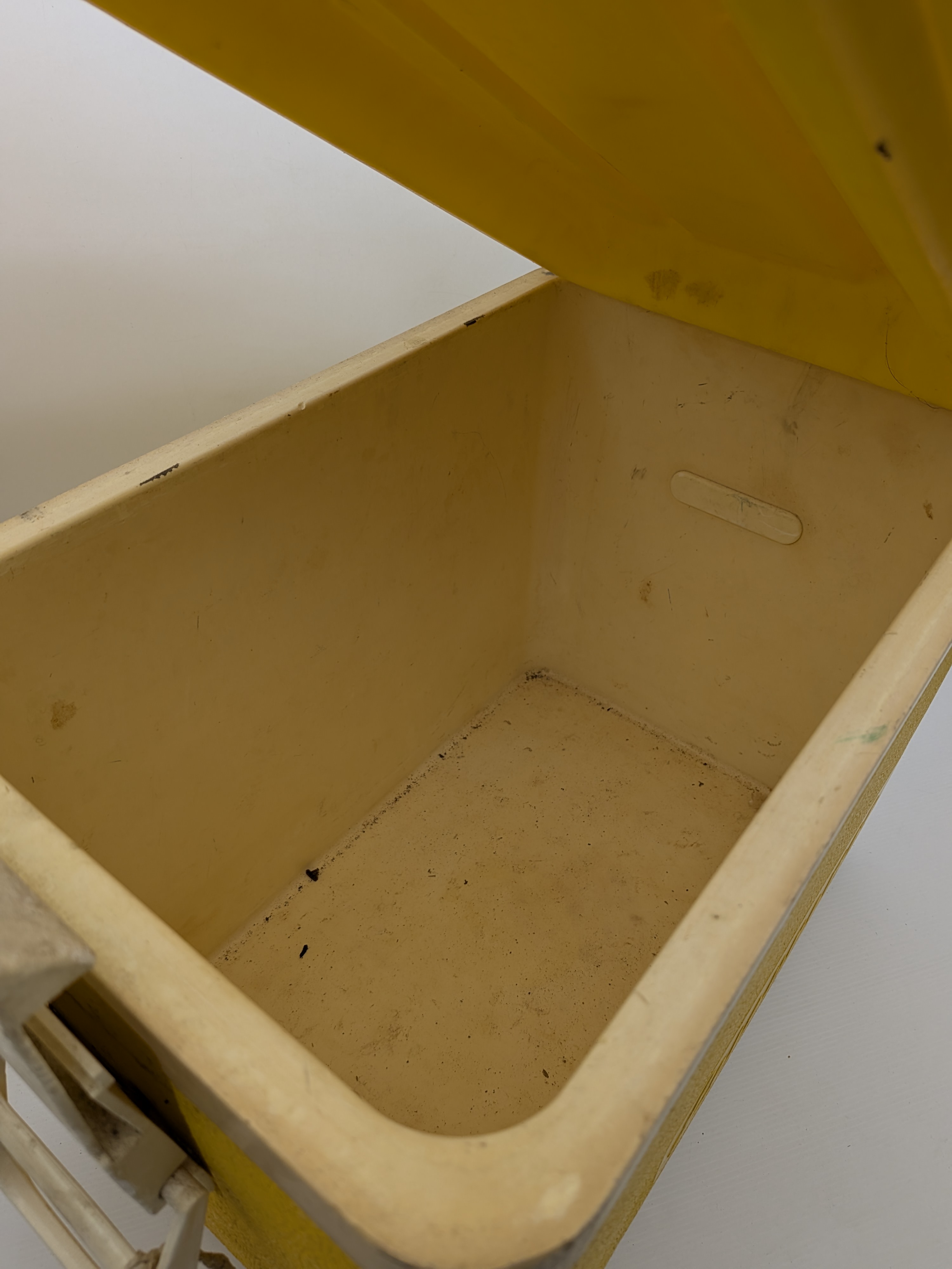 A vintage Willow yellow insulated cooler, likely from the mid-20th century, featuring a textured exterior and white plastic handle. - View 2