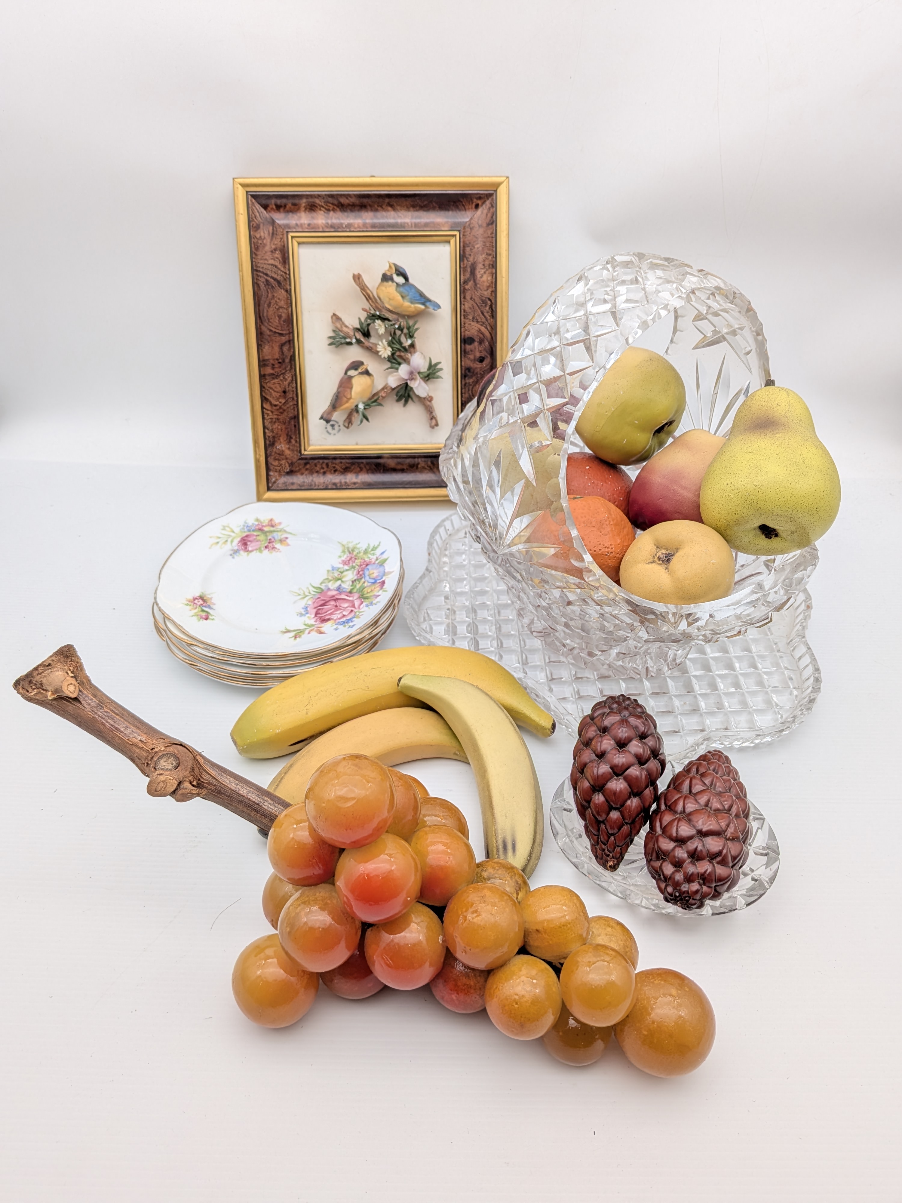 Lot of Vintage Ceramic and Glass Fruit, Cut Glass Dishes, China Plates and Bird Picture — Lot 123