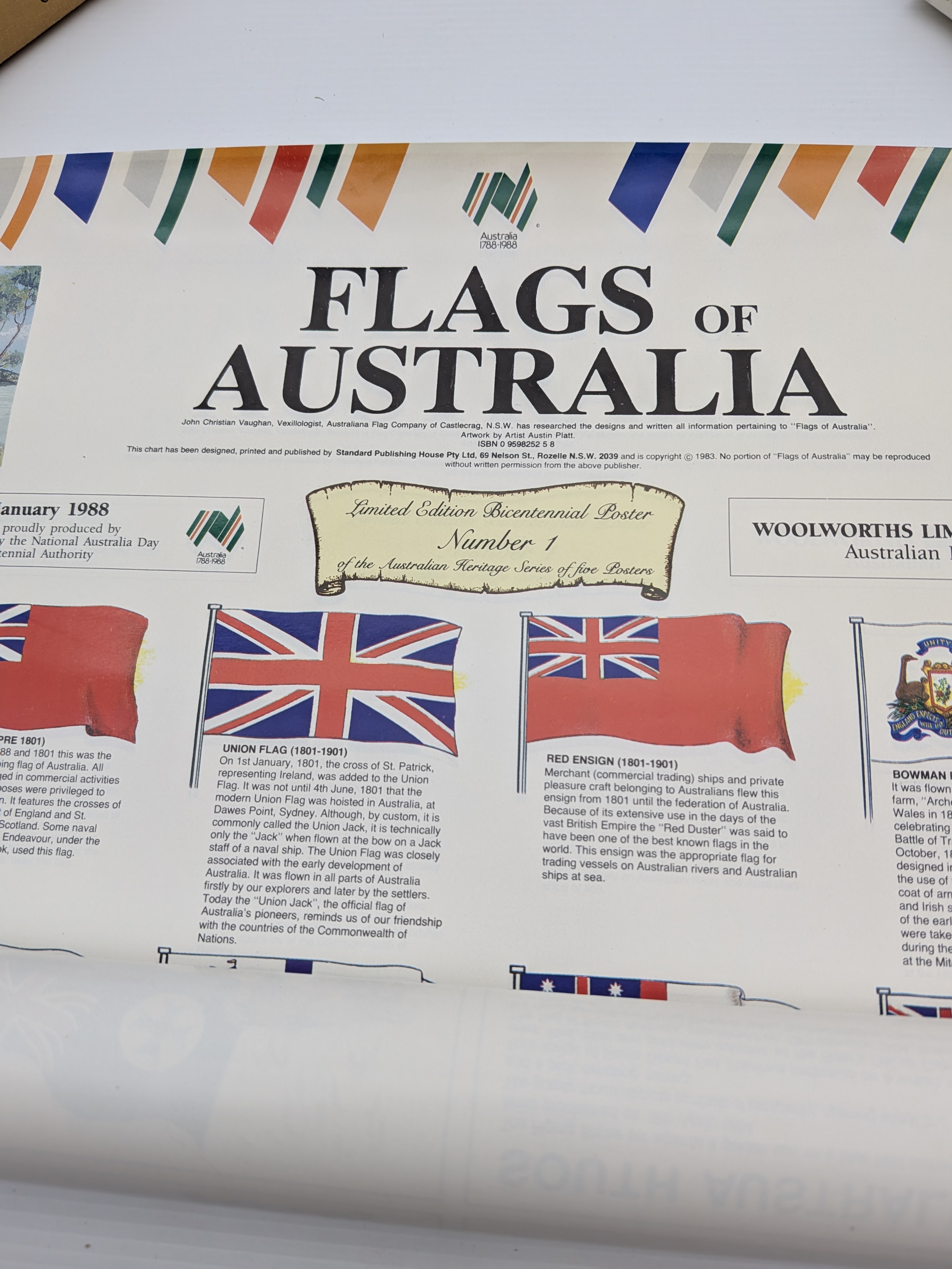 A collection of rolled canvases including a signed 1973 painting of a coastal scene and two Australian Bicentennial posters from 1988. - View 3