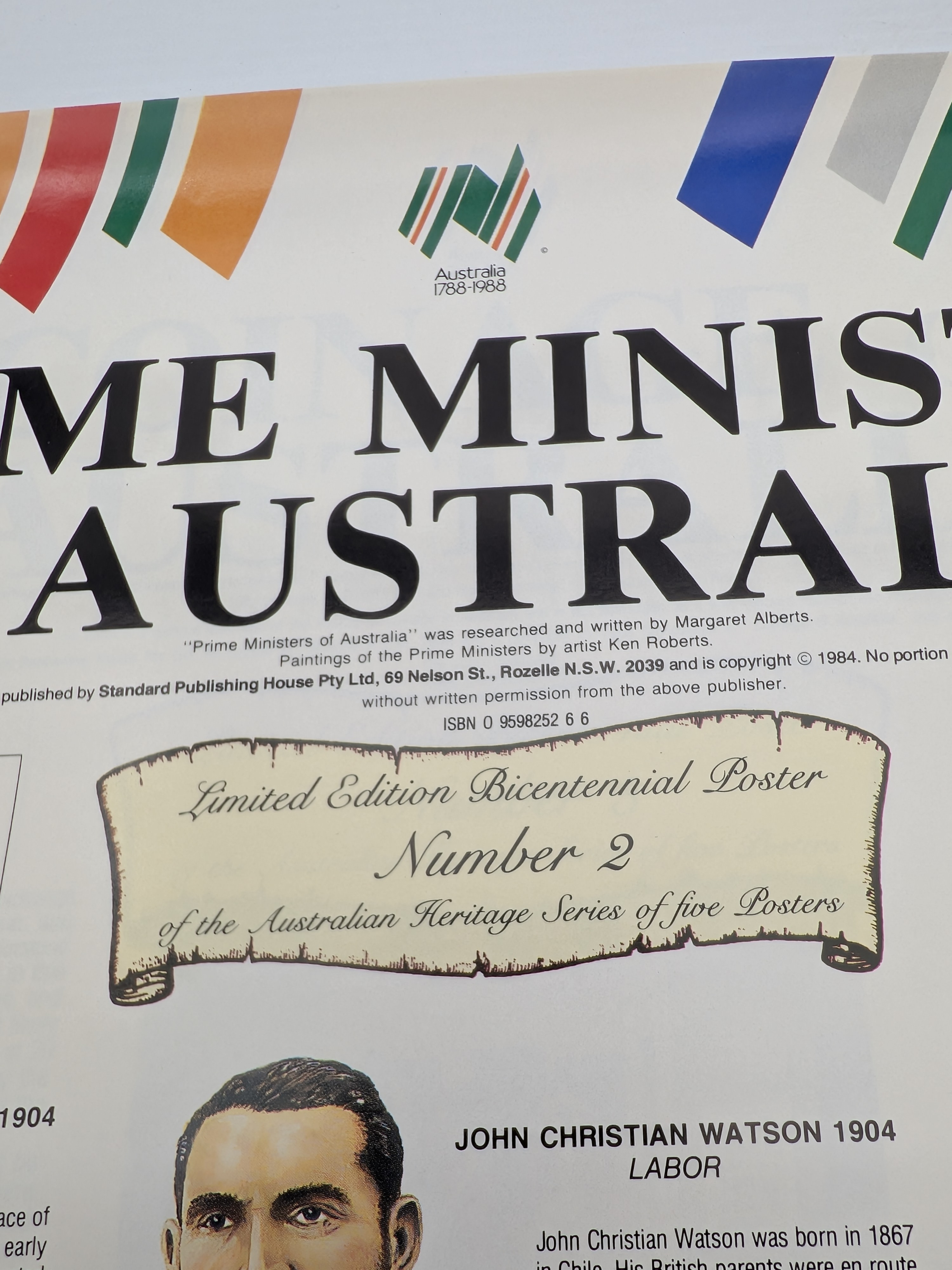A collection of rolled canvases including a signed 1973 painting of a coastal scene and two Australian Bicentennial posters from 1988. - View 5