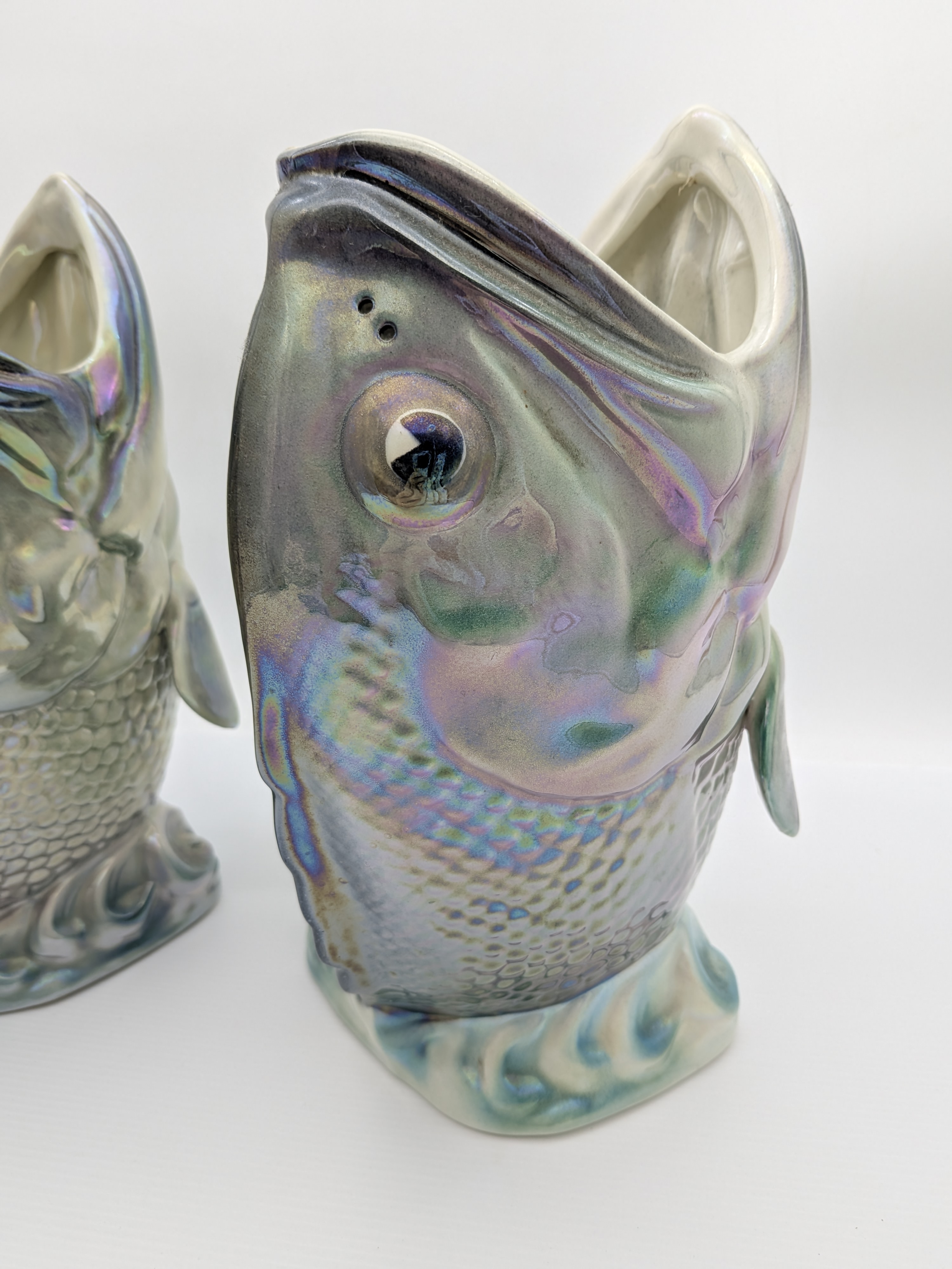 Pair of Iridescent Wembley Ware Dhufish Vases, Mid-20th Century Western Australian Pottery — Lot 055, photograph 2