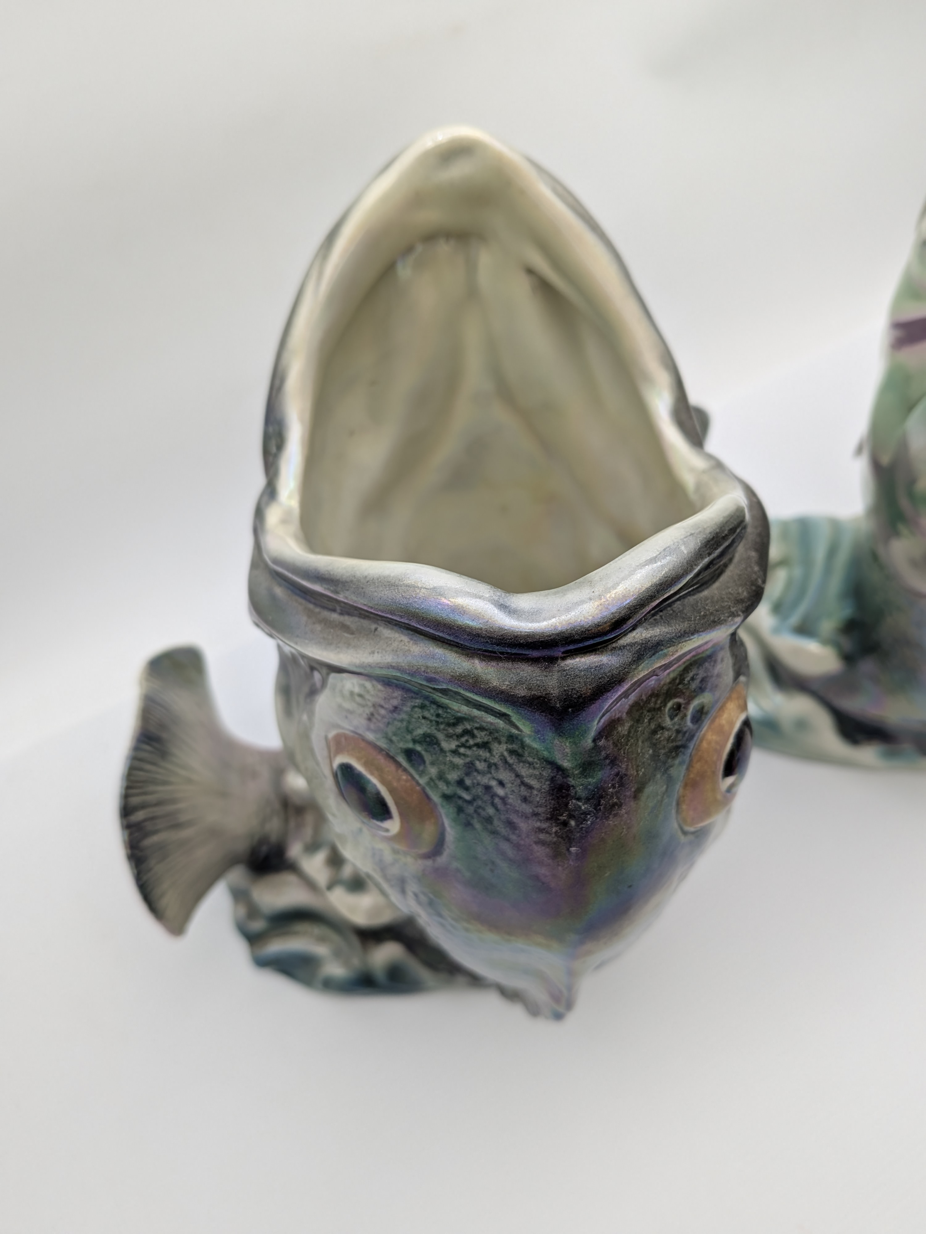 Pair of Iridescent Wembley Ware Dhufish Vases, Mid-20th Century Western Australian Pottery — Lot 055, photograph 4