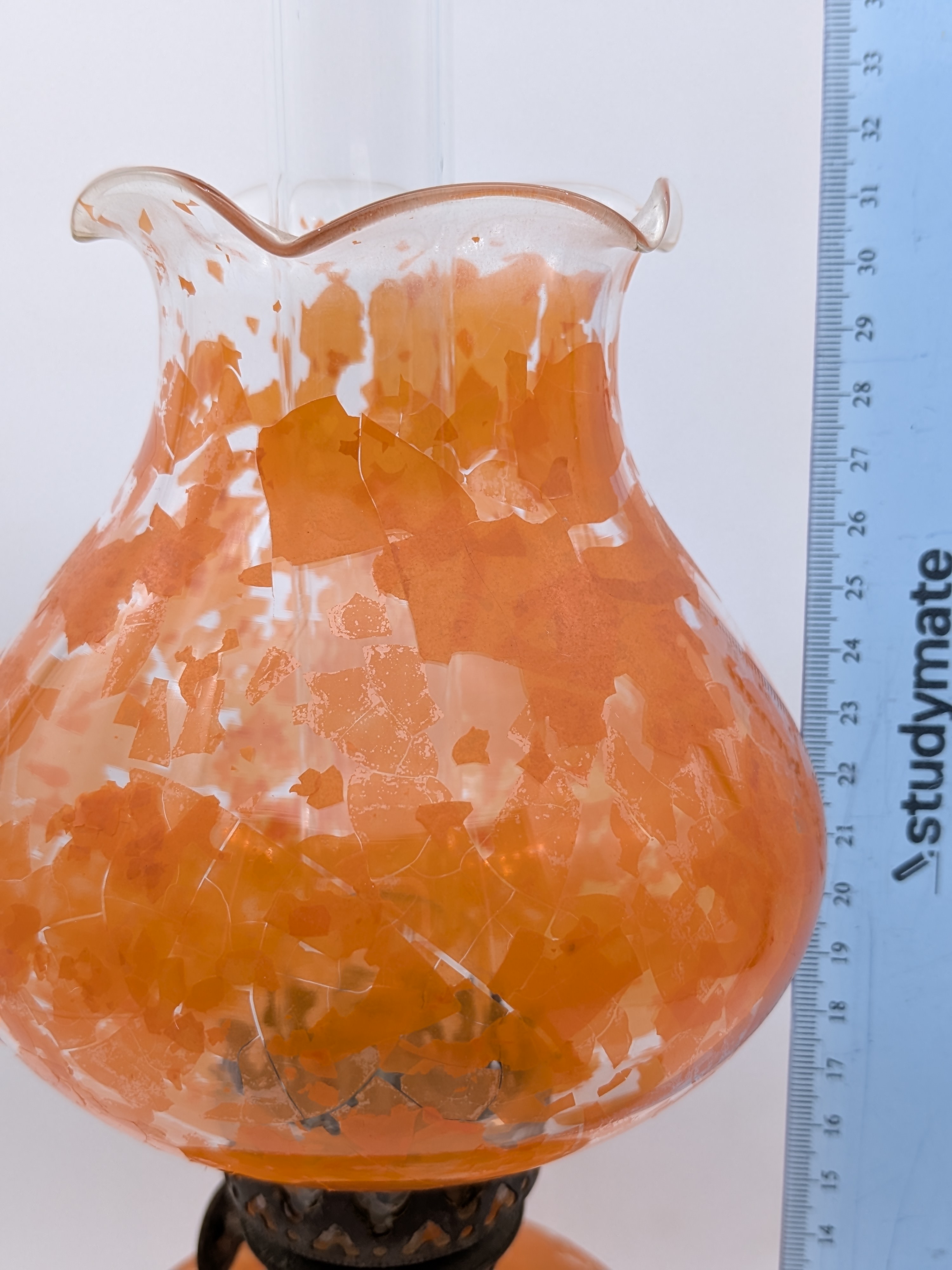 Vintage Mottled Orange Glass Oil Lamp — Lot 024, photograph 8