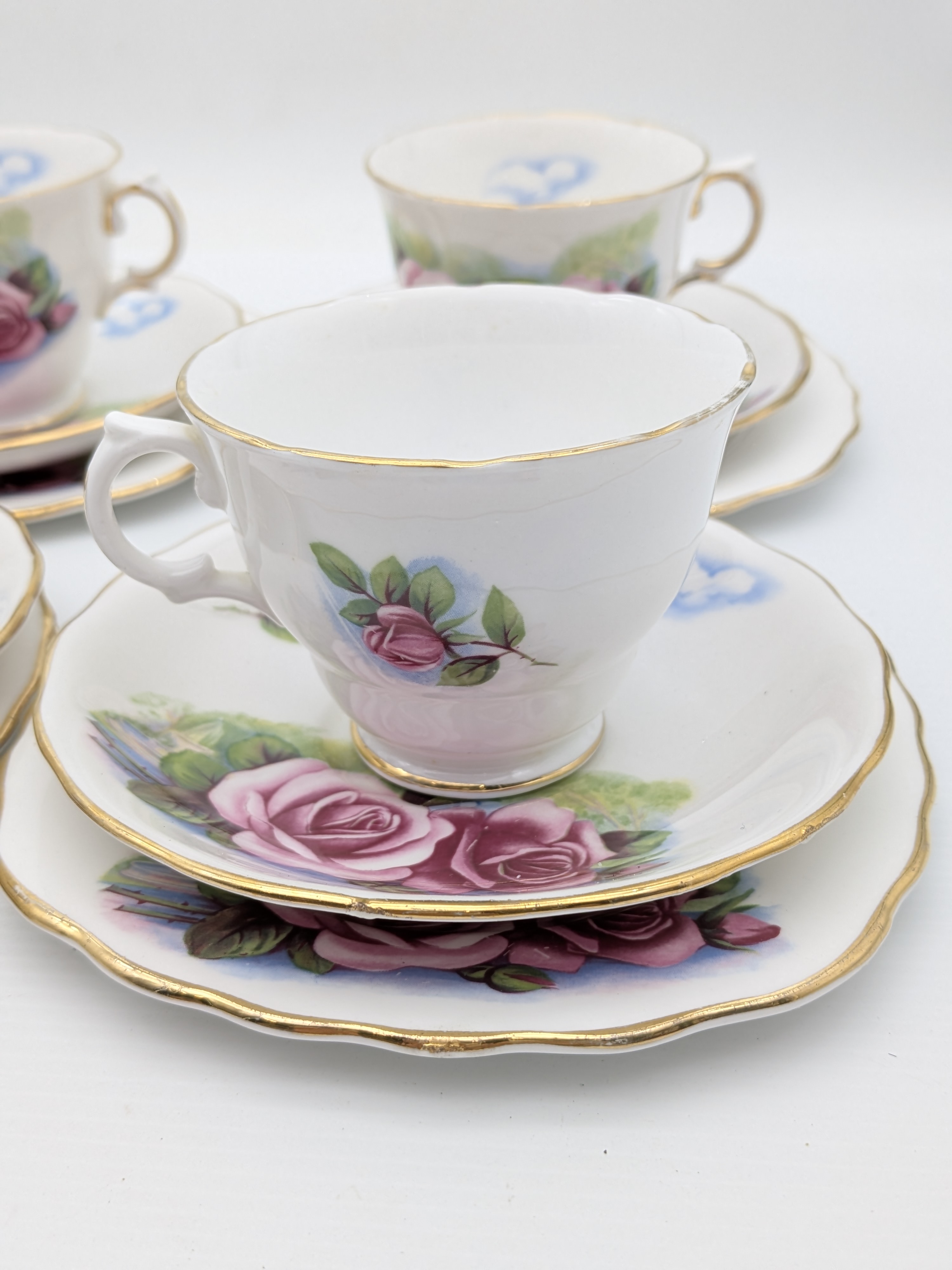 Vintage Royal Osborne Fine Bone China 'Pink Rose' Tea Trios (6 Sets) — Lot 065, photograph 3