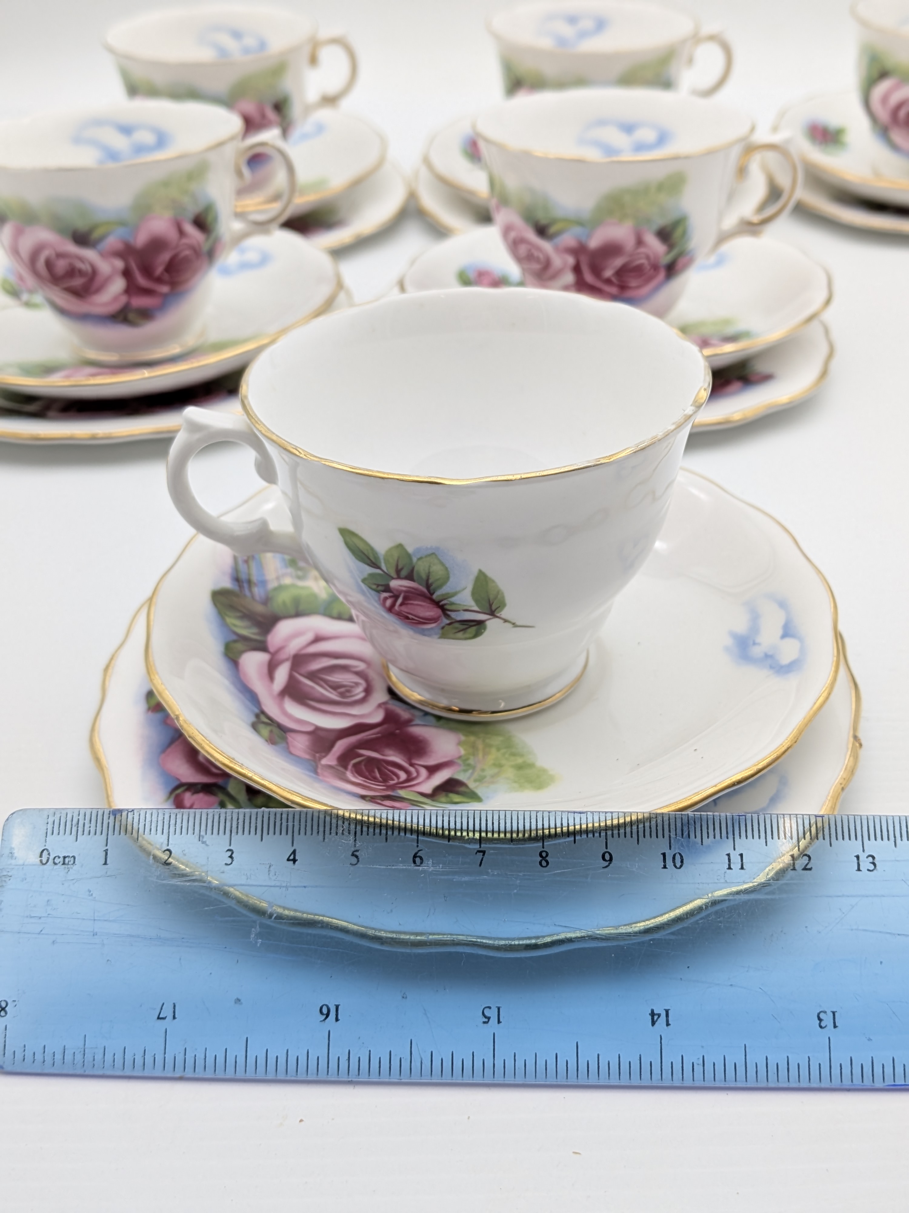 Vintage Royal Osborne Fine Bone China 'Pink Rose' Tea Trios (6 Sets) — Lot 065, photograph 7