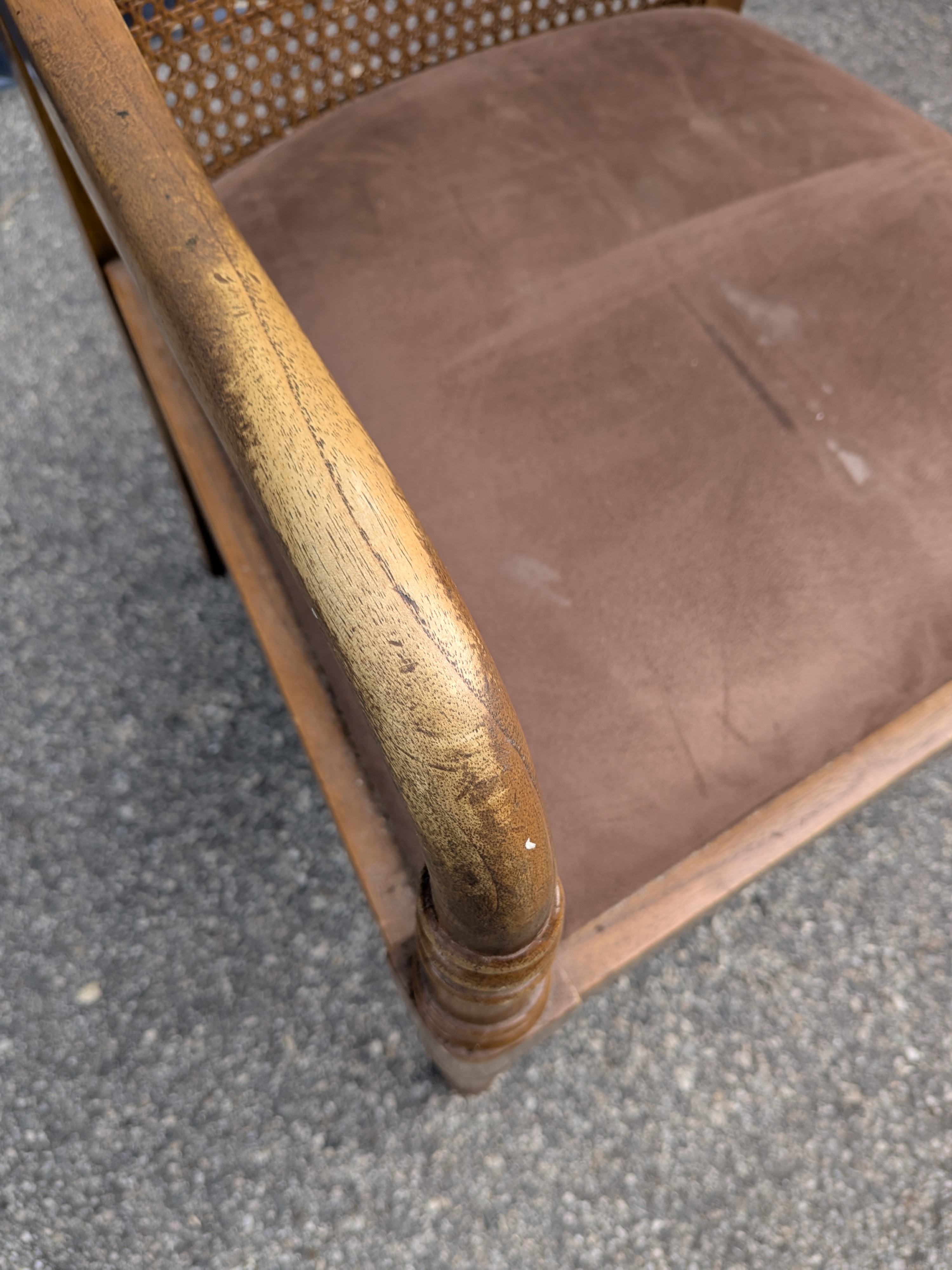 Vintage Wooden Cane Back Armchair with Upholstered Seat — Lot 132, photograph 5