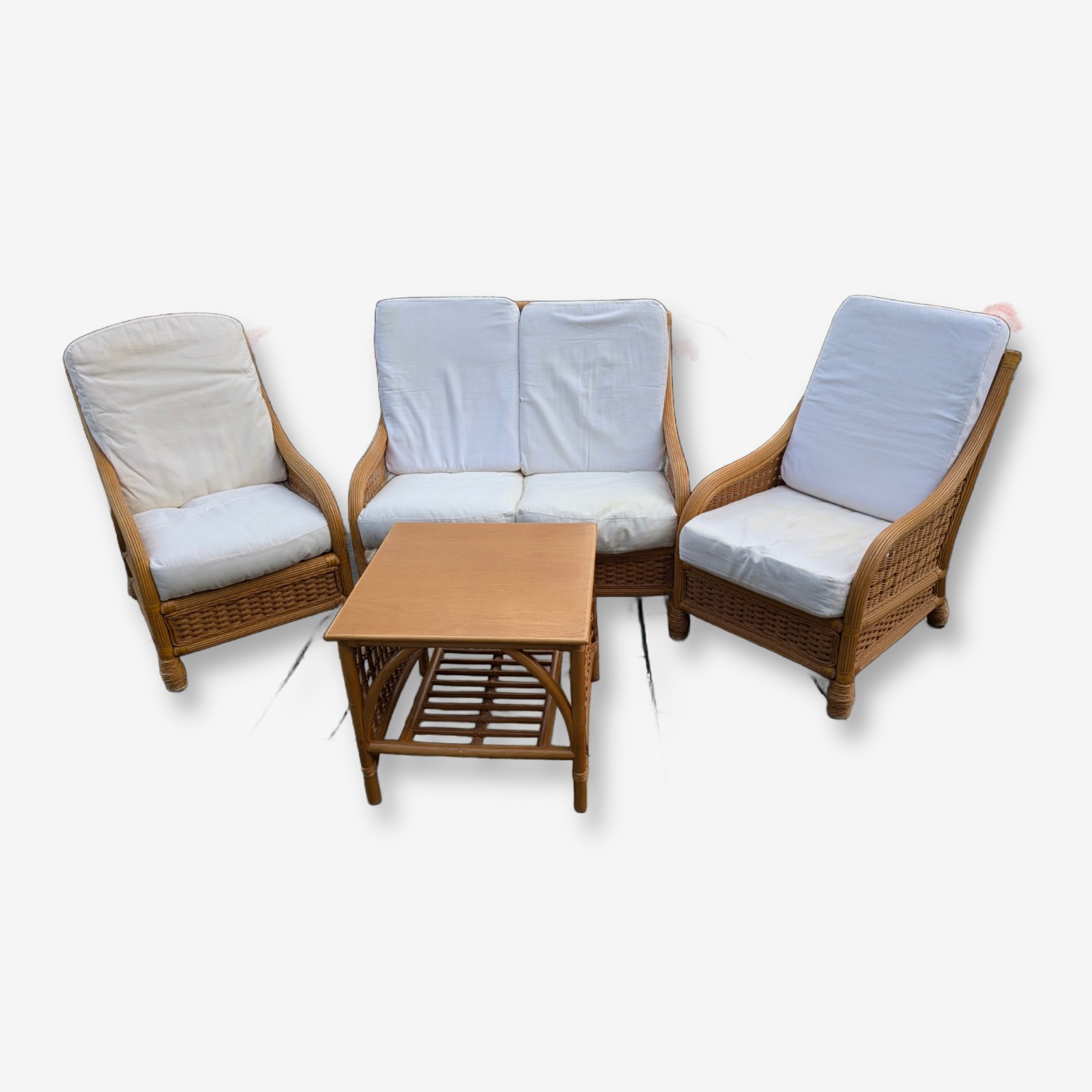 Vintage Rattan and Wicker Outdoor Furniture Set with Cushions — Lot 001