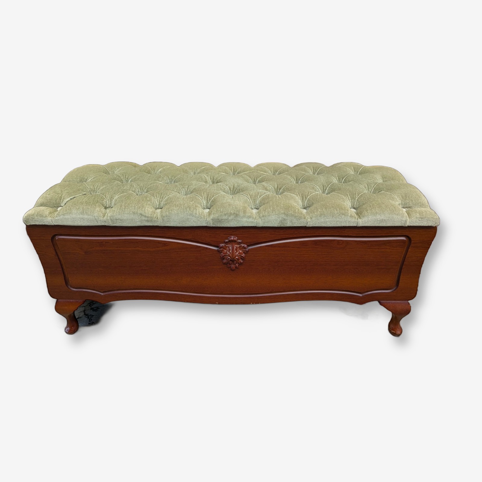 French Provincial Style Tufted Bench/Ottoman with Carved Wood Frame — Lot 002