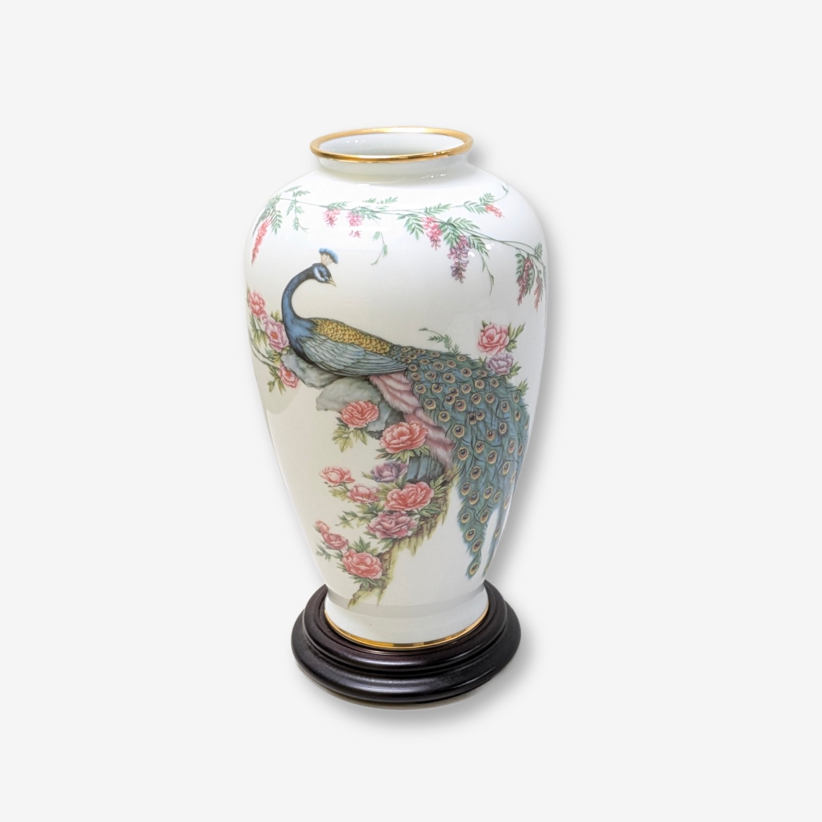 Japanese Nitto Fine China 'The Imperial Peacock Vase' on Wooden Stand — Lot 026