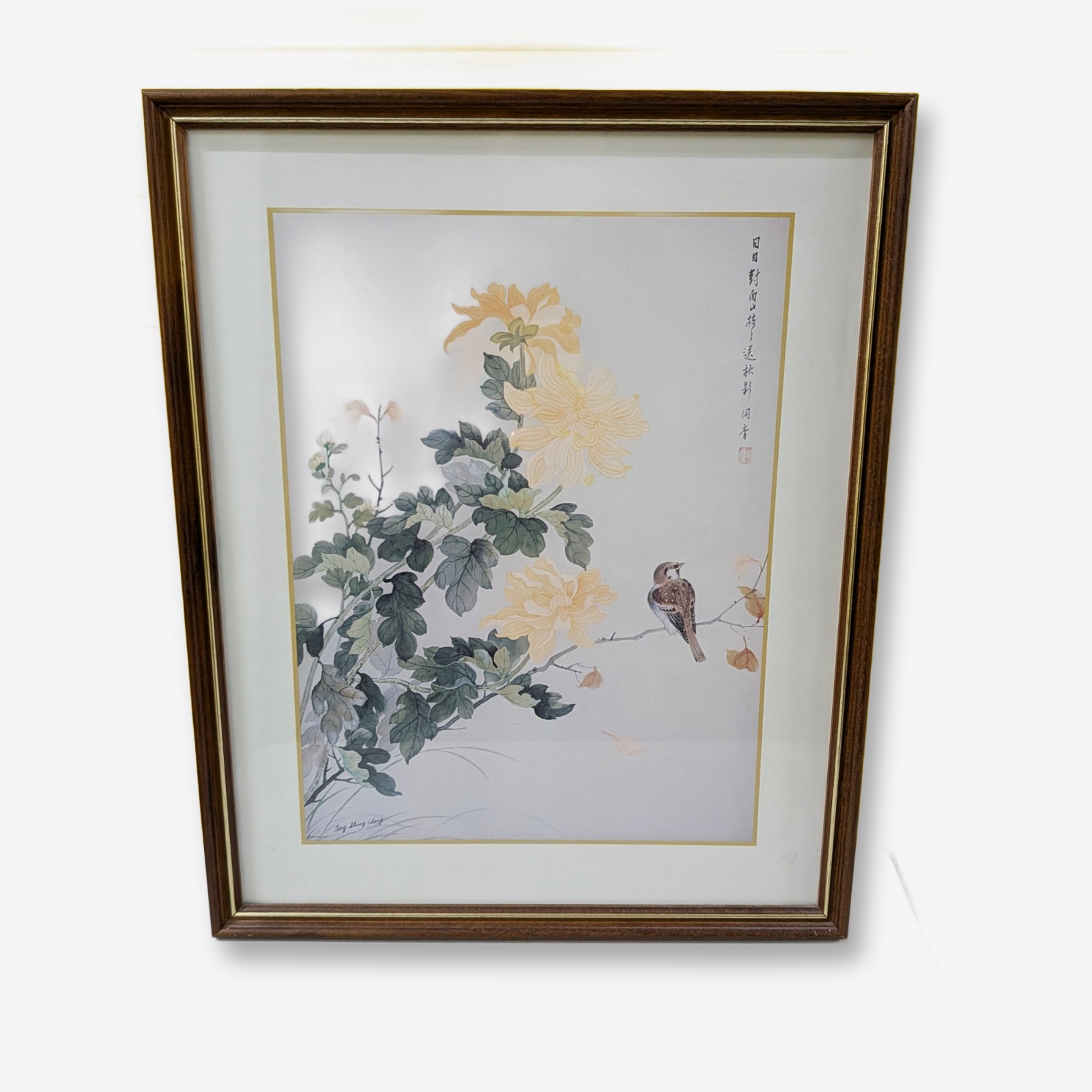 Framed Print, Chrysanthemums and Bird by Tong Shiang Chang, 1979 — Lot 027, photograph 1