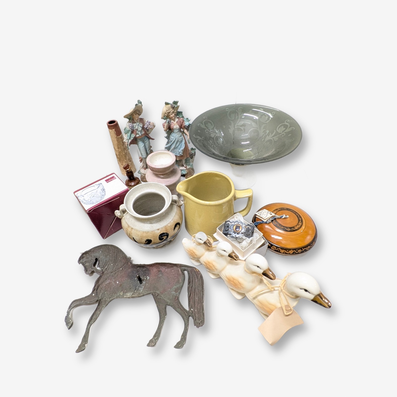Lot of Decorative Sundries including Ceramic Figurines, Glass Bowl, Pottery, and Metalware — Lot 033