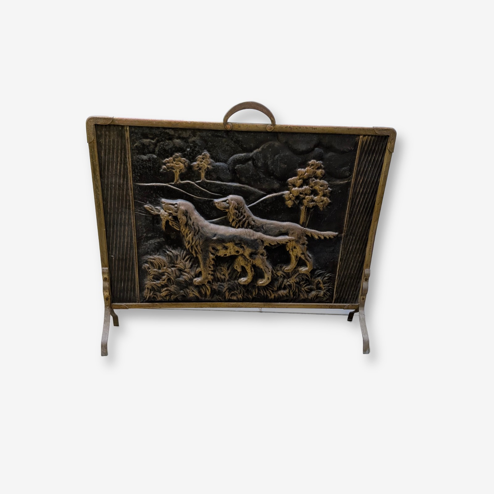 Antique Gilt Cast Iron Fireplace Screen with Hunting Dog Relief — Lot 054