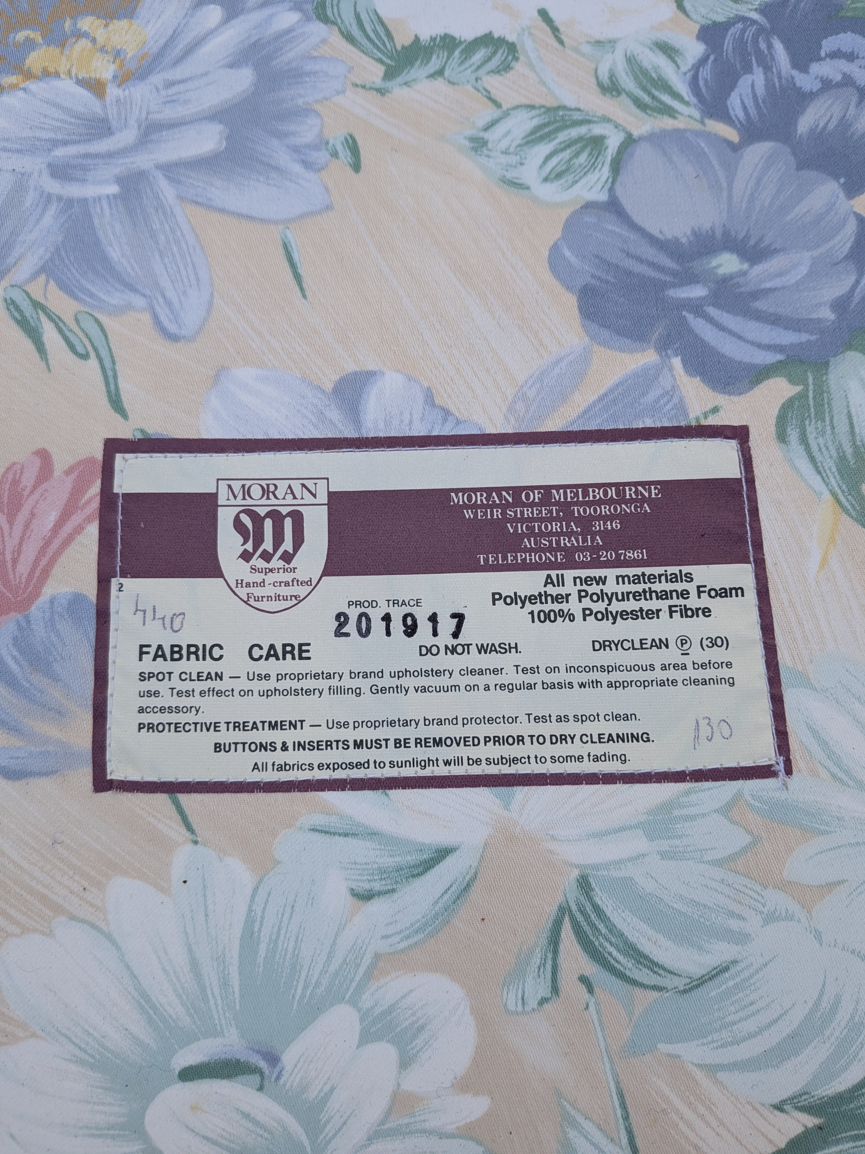 Four-Piece Vintage MORAN OF MELBOURNE Floral Upholstered Lounge Suite, Australian Made — Lot 007, photograph 2