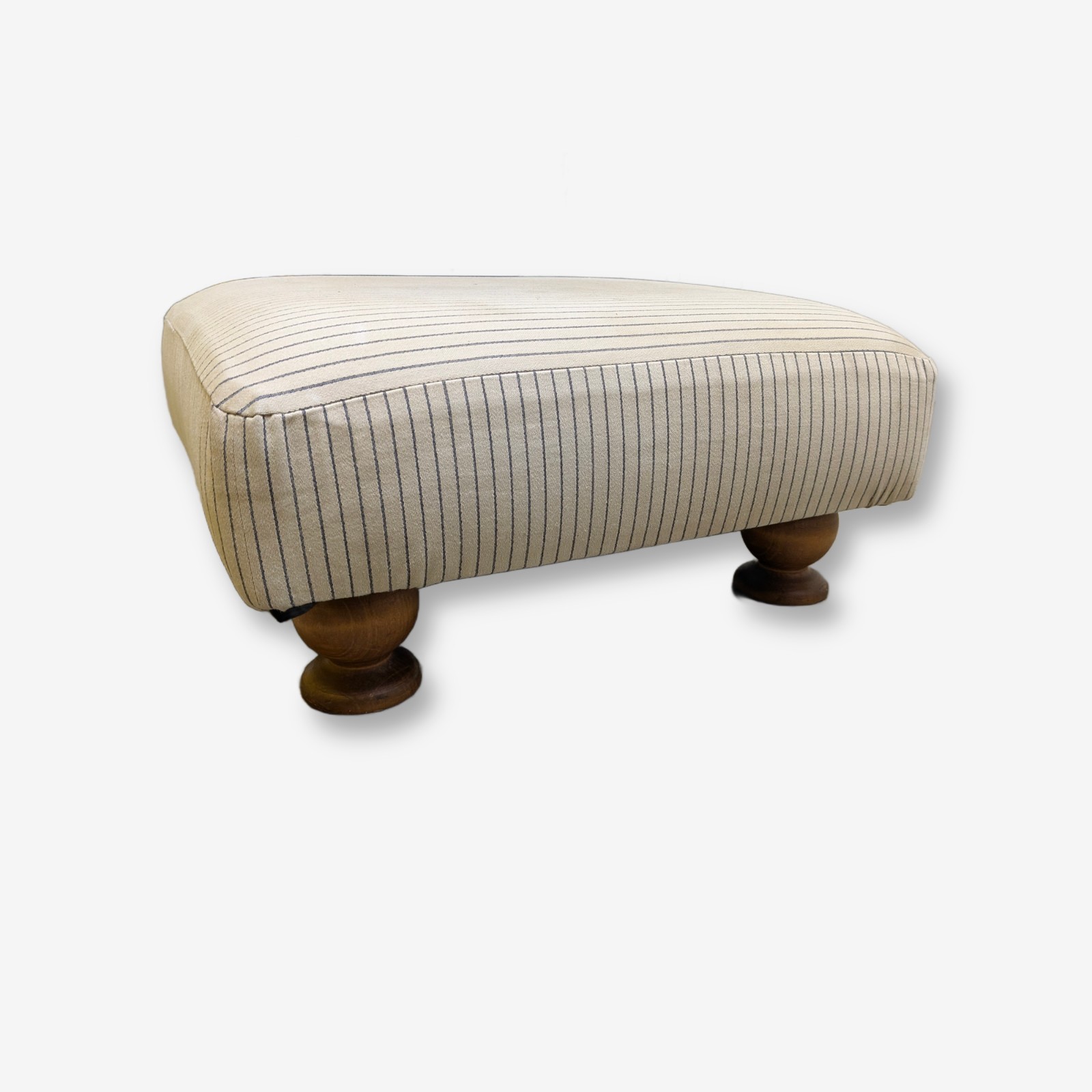 Contemporary Pinstriped Fabric Ottoman with Turned Wooden Legs — Lot 095