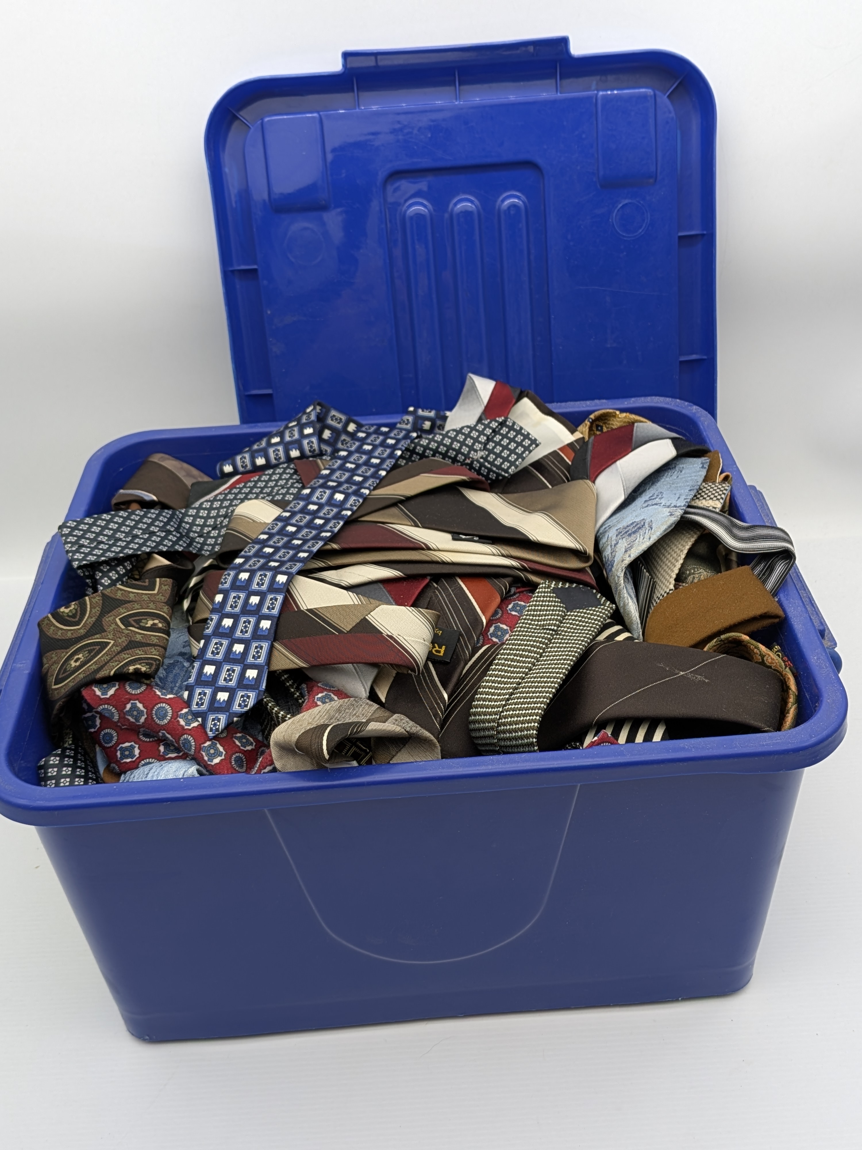 Collection of Assorted Vintage Neckties in Blue Storage Tub — Lot 047