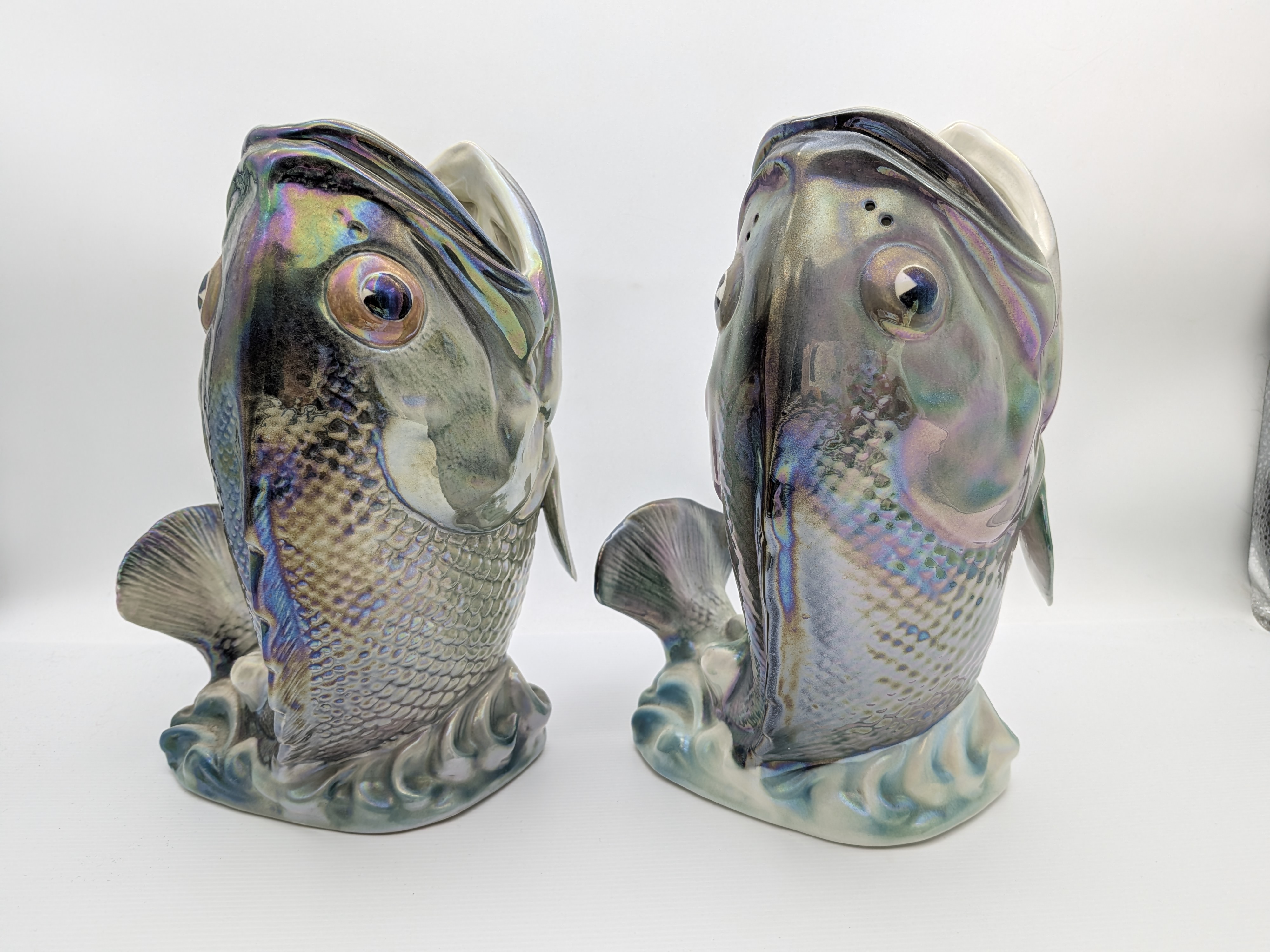 Pair of Iridescent Wembley Ware Dhufish Vases, Mid-20th Century Western Australian Pottery — Lot 055