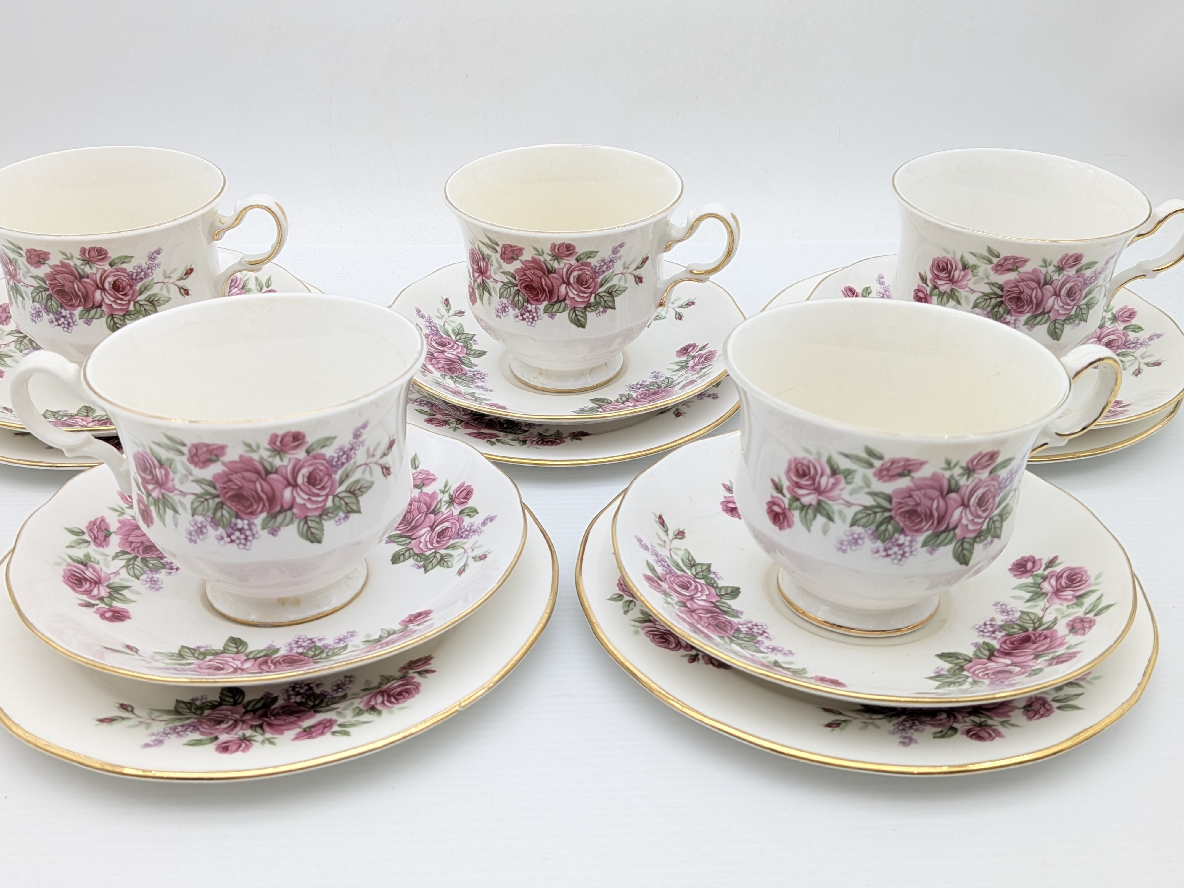 Queen Anne Bone China Tea Trios, Pink Rose Pattern, (Set of 5) — Lot 056