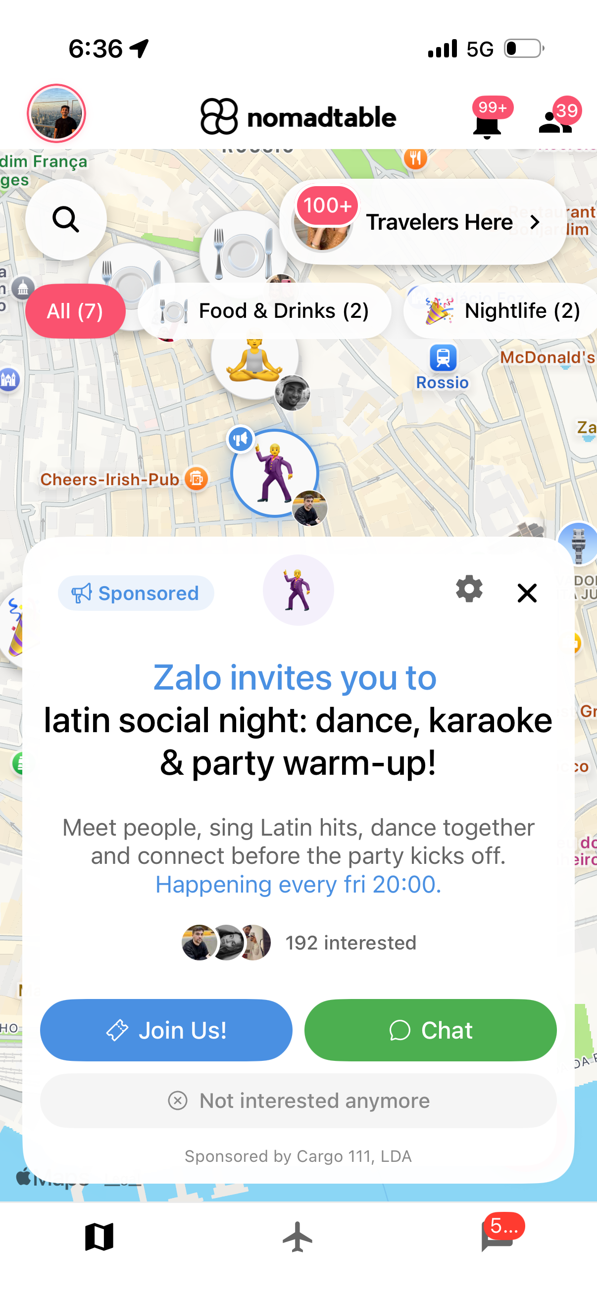 Sponsored activity card on the map