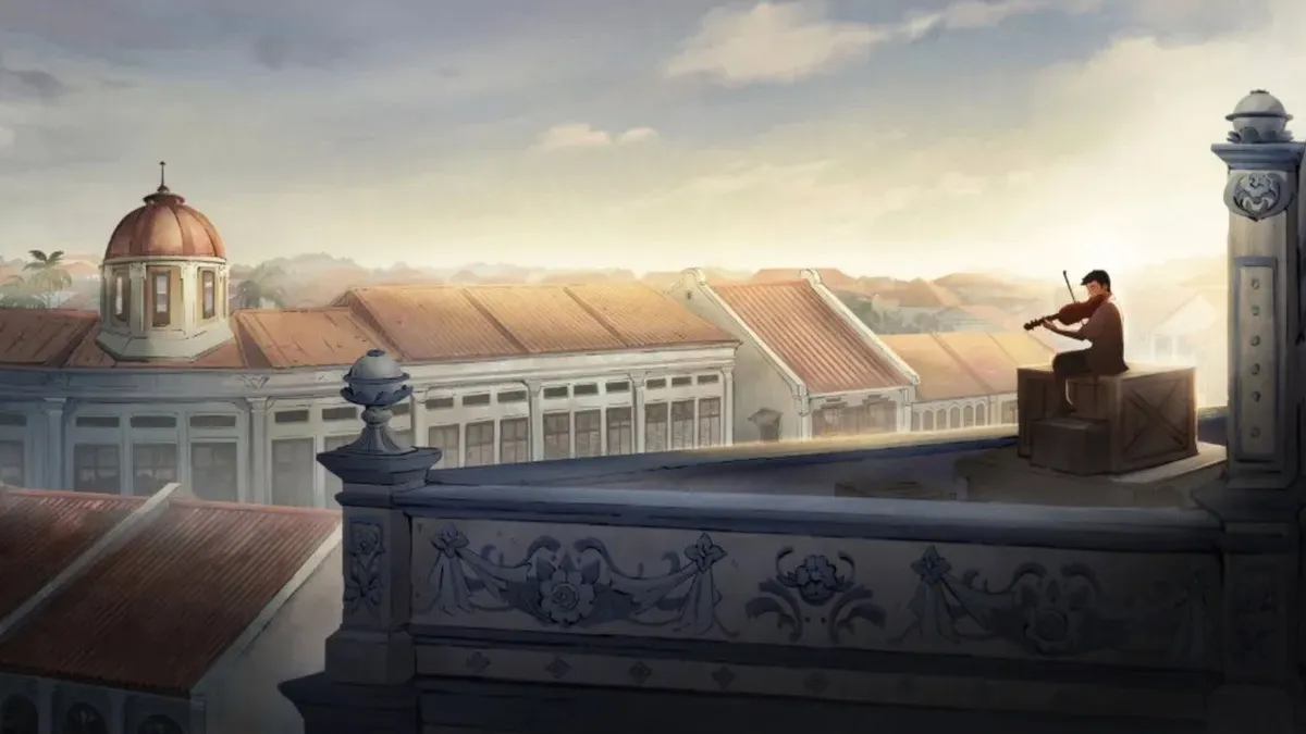 Promotional image for The Violinist, the 2026 Annecy Cristal winner for Best Animated Feature, directed by Ervin Han and Raúl García, a Singapore, Spain, and Italy coproduction