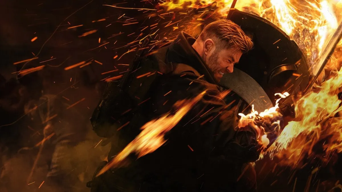 Chris Hemsworth as Tyler Rake in Extraction 2, 2023, Netflix action thriller directed by Sam Hargrave