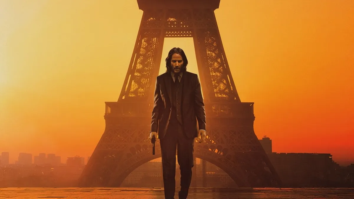 Keanu Reeves as John Wick in Lionsgate's John Wick: Chapter 4 (2023), a franchise at the center of the studio's acquisition discussions