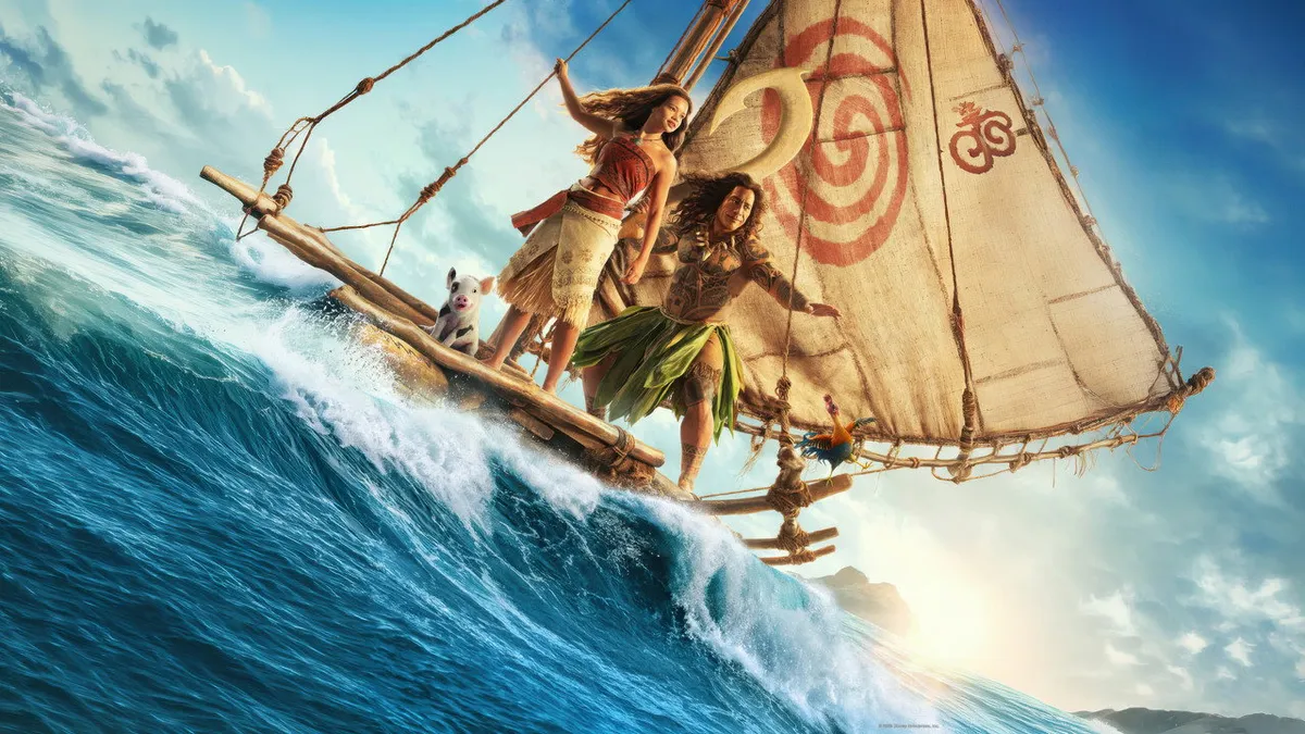 Catherine Laga'aia as Moana and Dwayne Johnson as Maui in the 2026 Disney live-action remake, directed by Thomas Kail.
